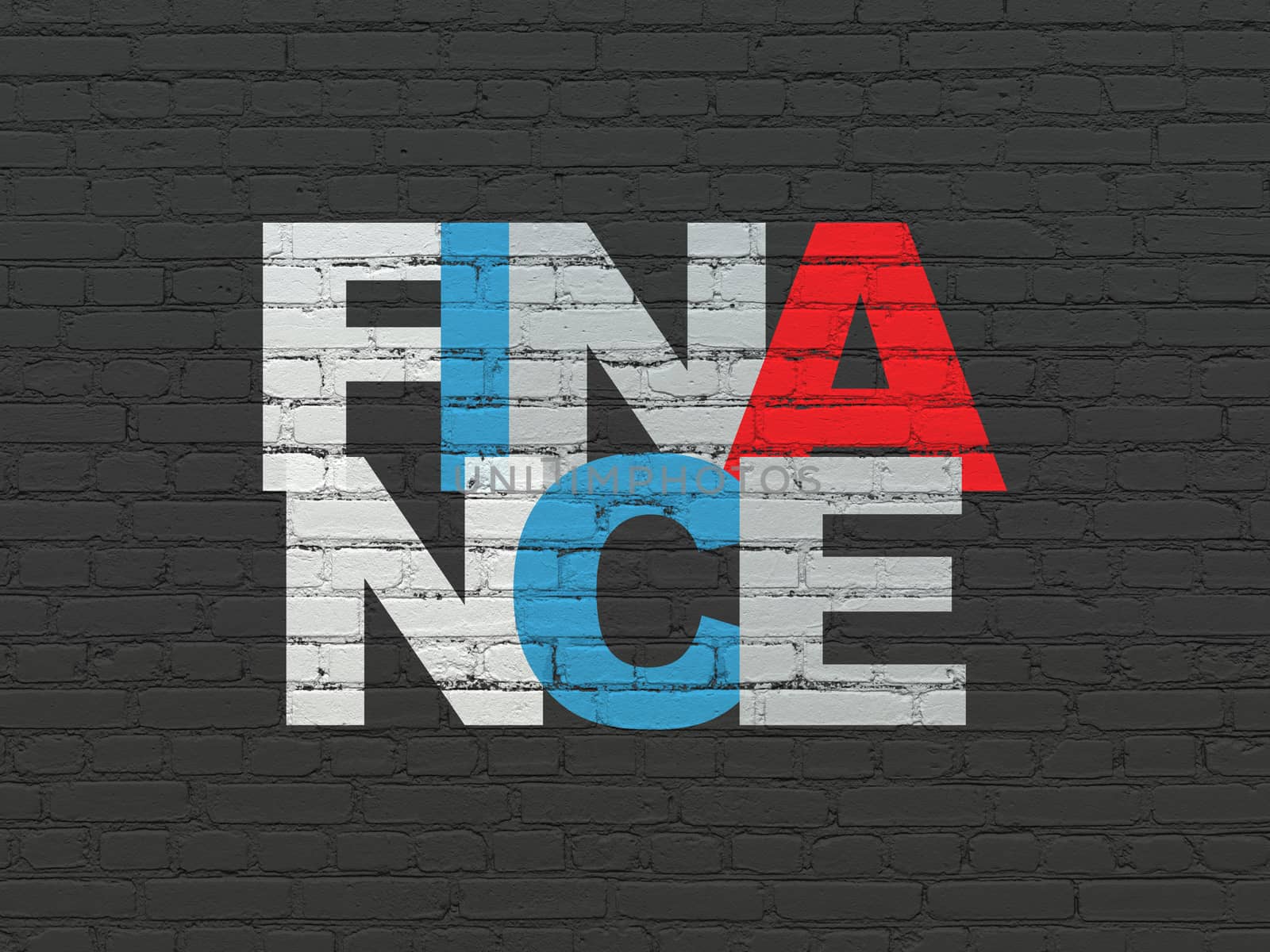 Money concept: Painted multicolor text Finance on Black Brick wall background
