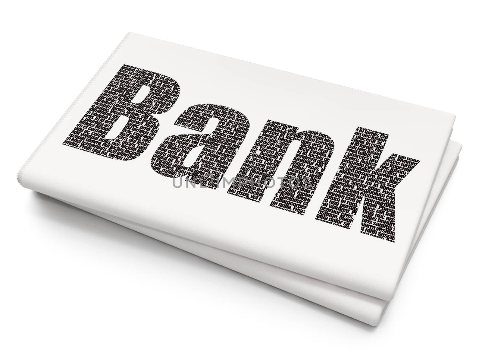 Currency concept: Pixelated black text Bank on Blank Newspaper background, 3D rendering