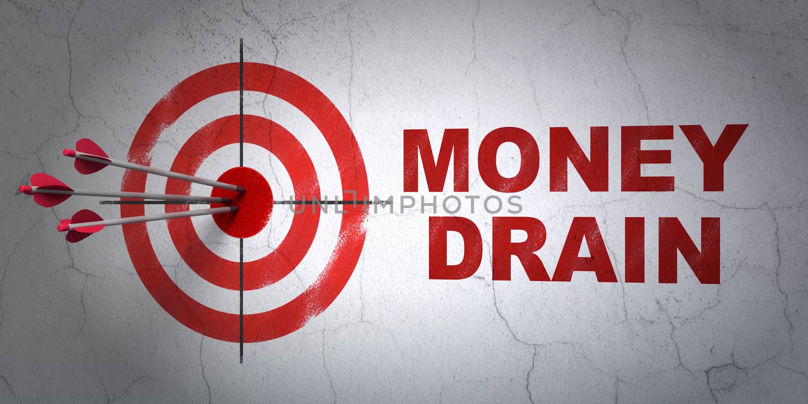 Success money concept: arrows hitting the center of target, Red Money Drain on wall background, 3D rendering