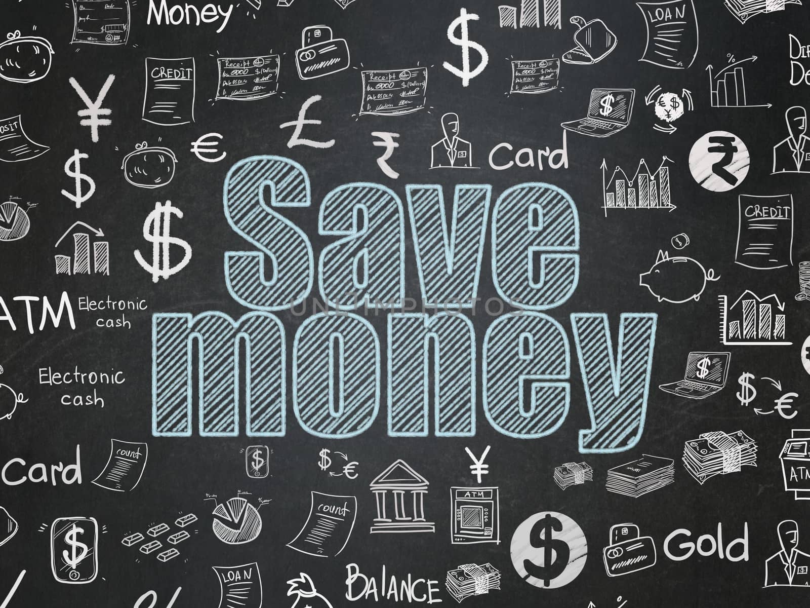 Money concept: Chalk Blue text Save Money on School board background with  Hand Drawn Finance Icons, School Board