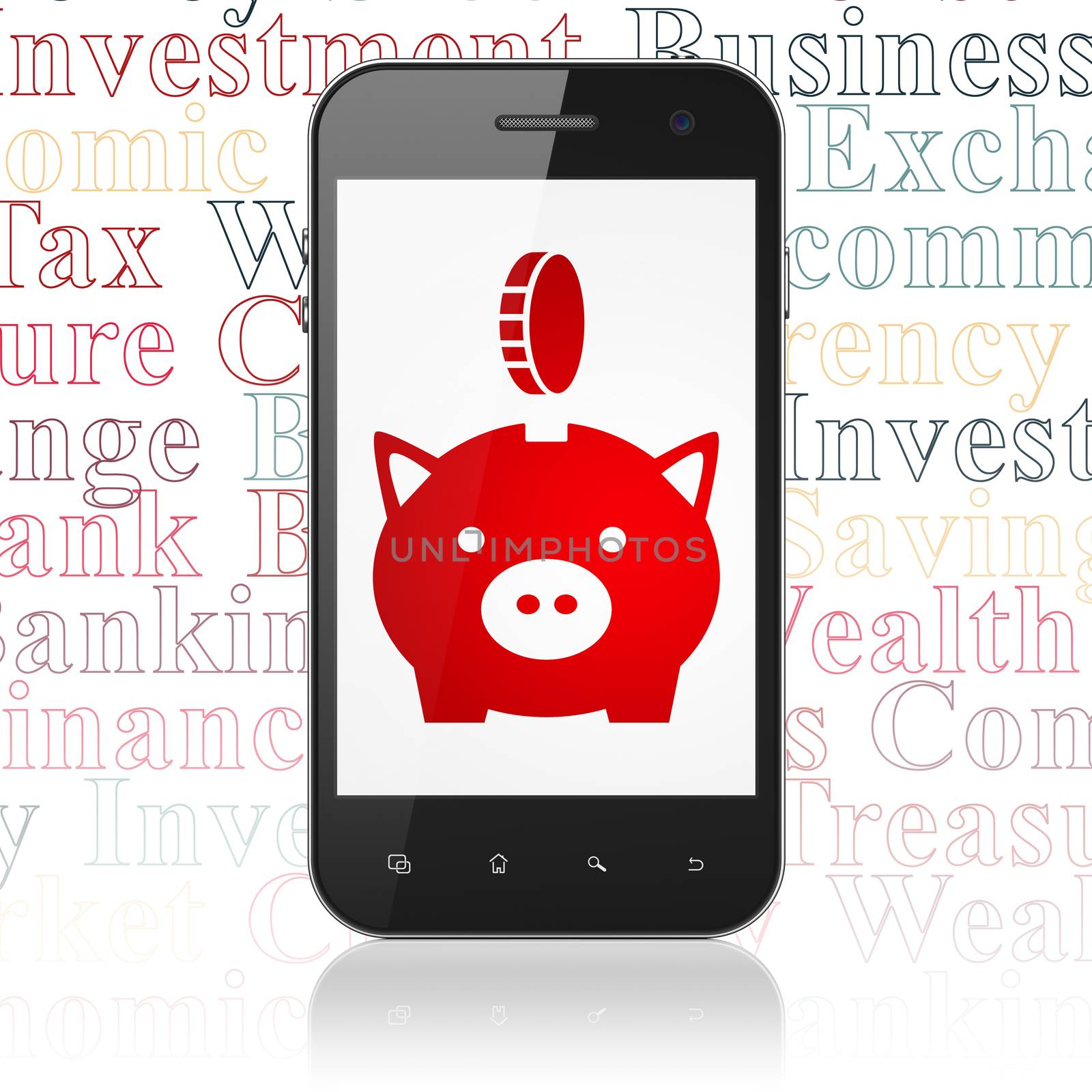 Banking concept: Smartphone with  red Money Box With Coin icon on display,  Tag Cloud background, 3D rendering