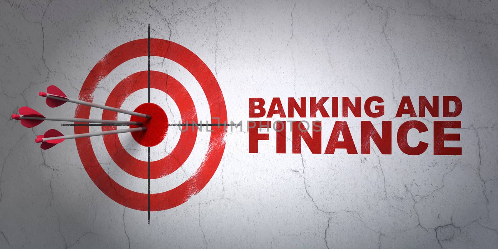Success money concept: arrows hitting the center of target, Red Banking And Finance on wall background, 3D rendering