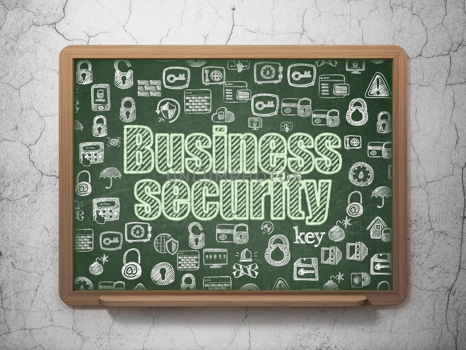 Privacy concept: Chalk Green text Business Security on School board background with  Hand Drawn Security Icons, 3D Rendering