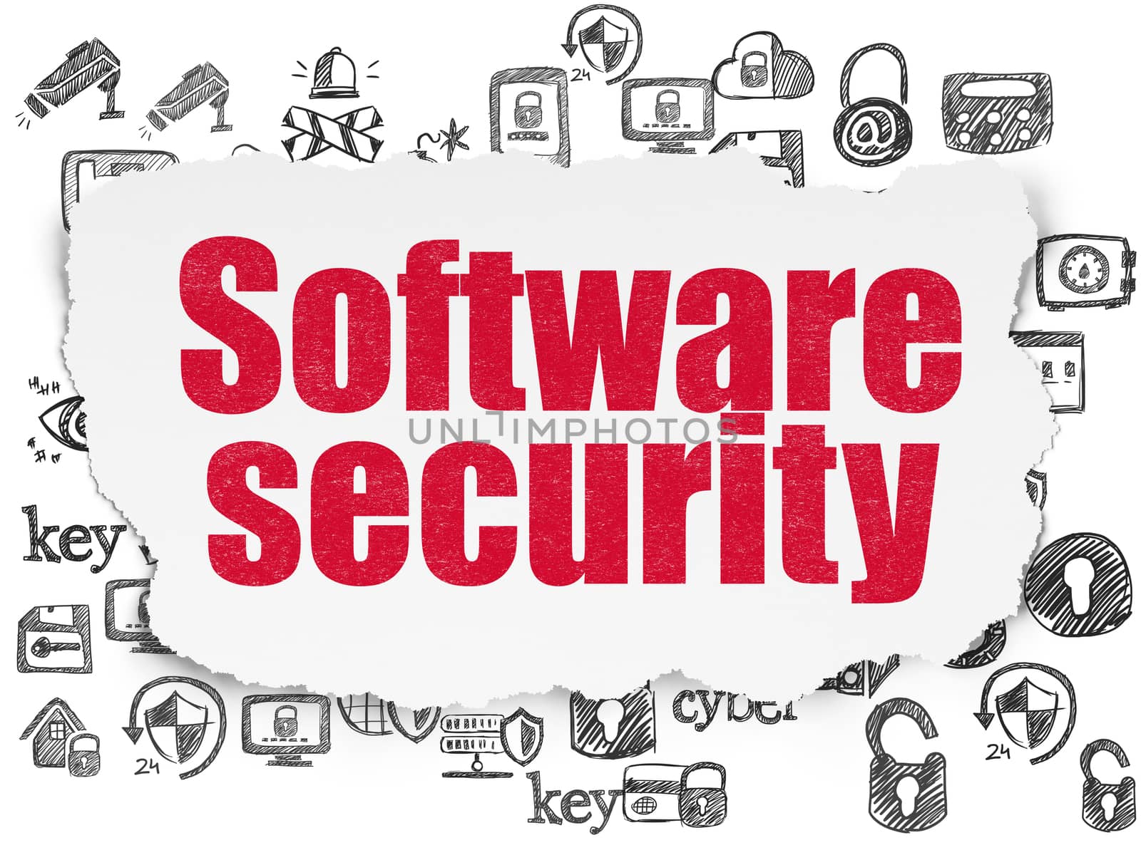 Privacy concept: Painted red text Software Security on Torn Paper background with  Hand Drawn Security Icons