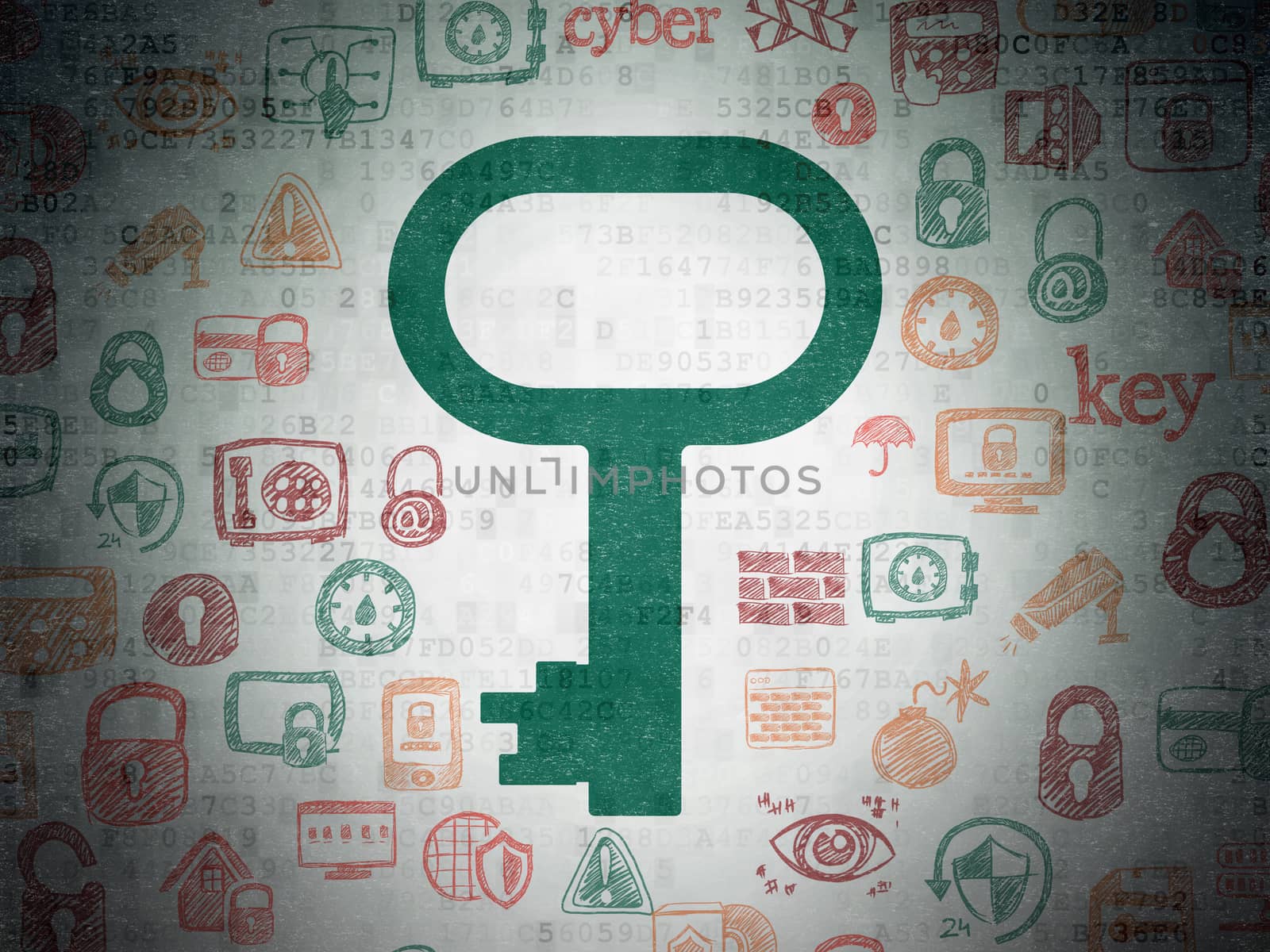 Safety concept: Painted green Key icon on Digital Data Paper background with  Hand Drawn Security Icons