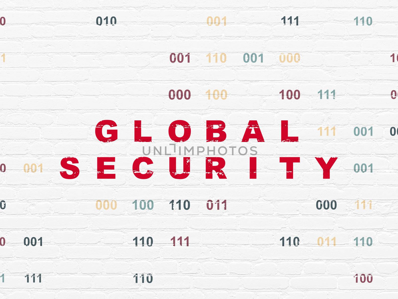 Privacy concept: Painted red text Global Security on White Brick wall background with Binary Code