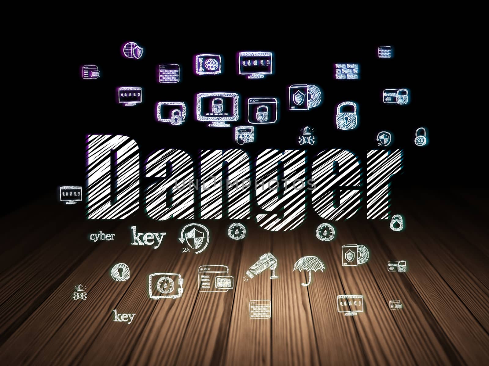 Privacy concept: Glowing text Danger,  Hand Drawn Security Icons in grunge dark room with Wooden Floor, black background
