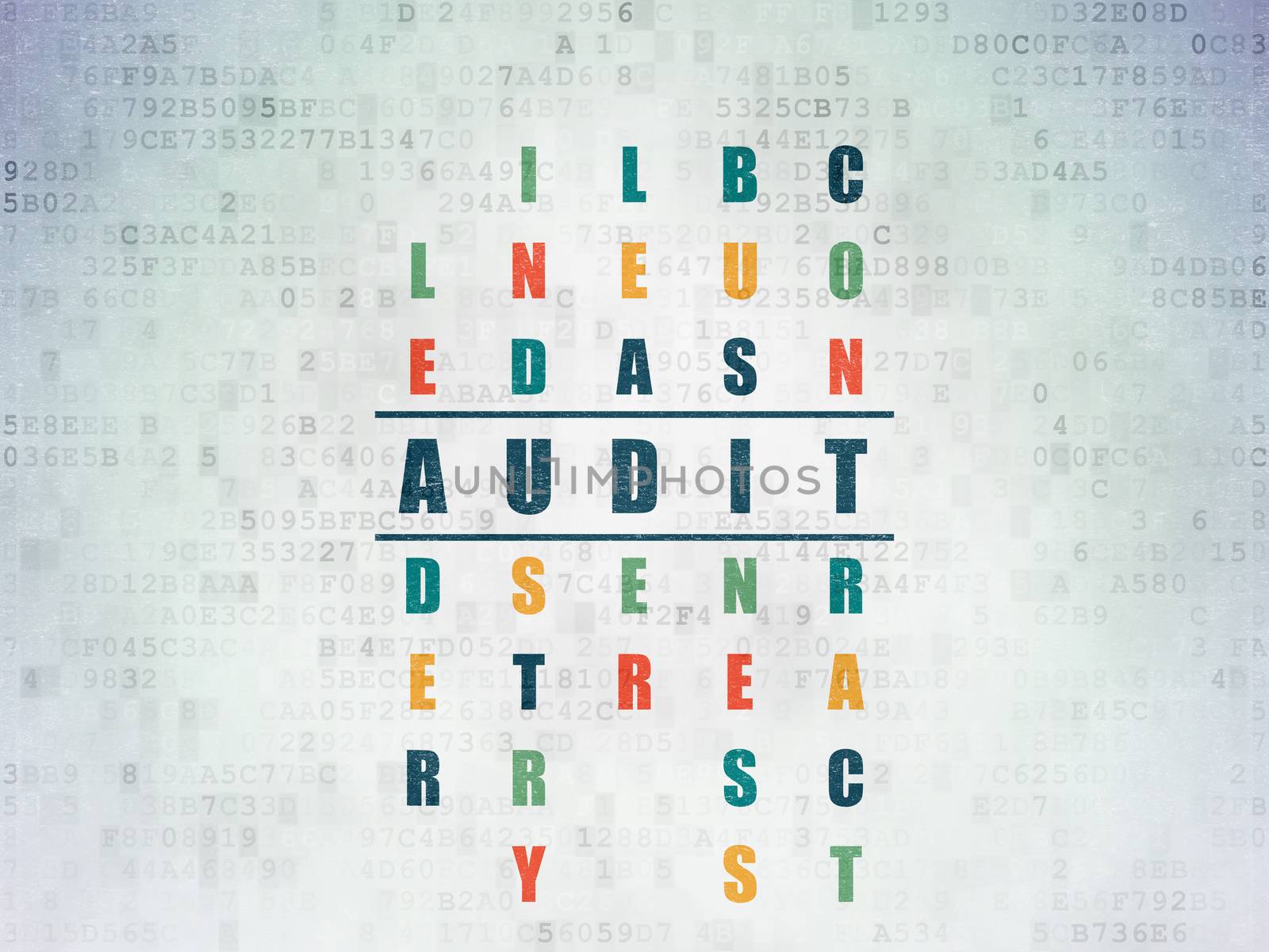 Finance concept: Painted blue word Audit in solving Crossword Puzzle on Digital Data Paper background