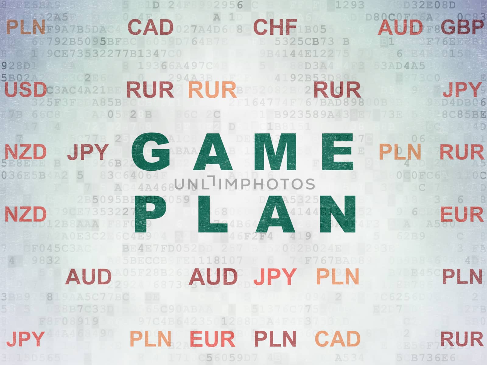 Finance concept: Painted green text Game Plan on Digital Data Paper background with Currency