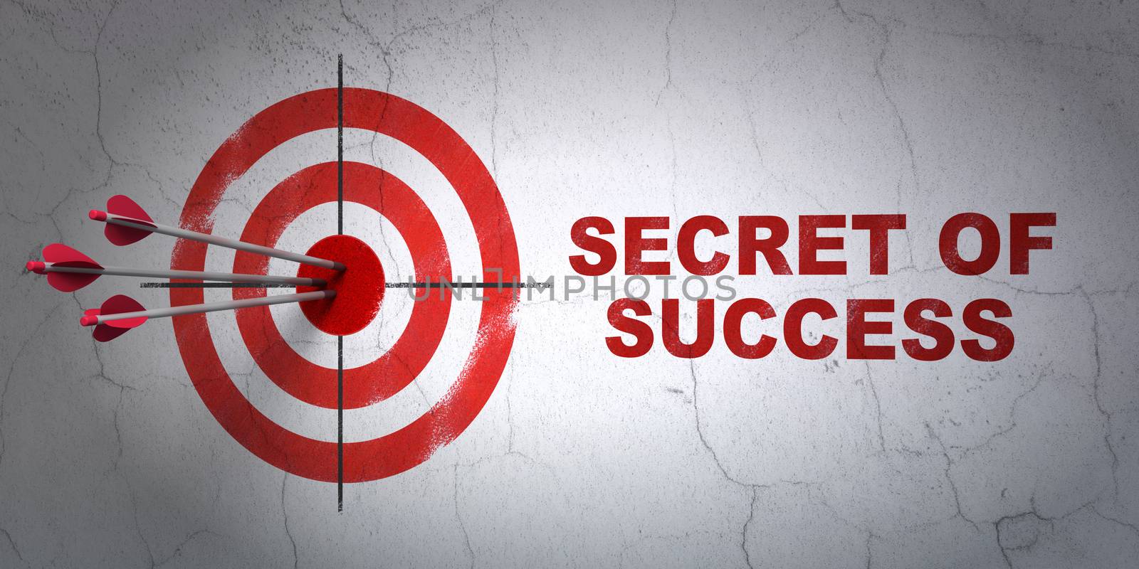 Success business concept: arrows hitting the center of target, Red Secret of Success on wall background, 3D rendering