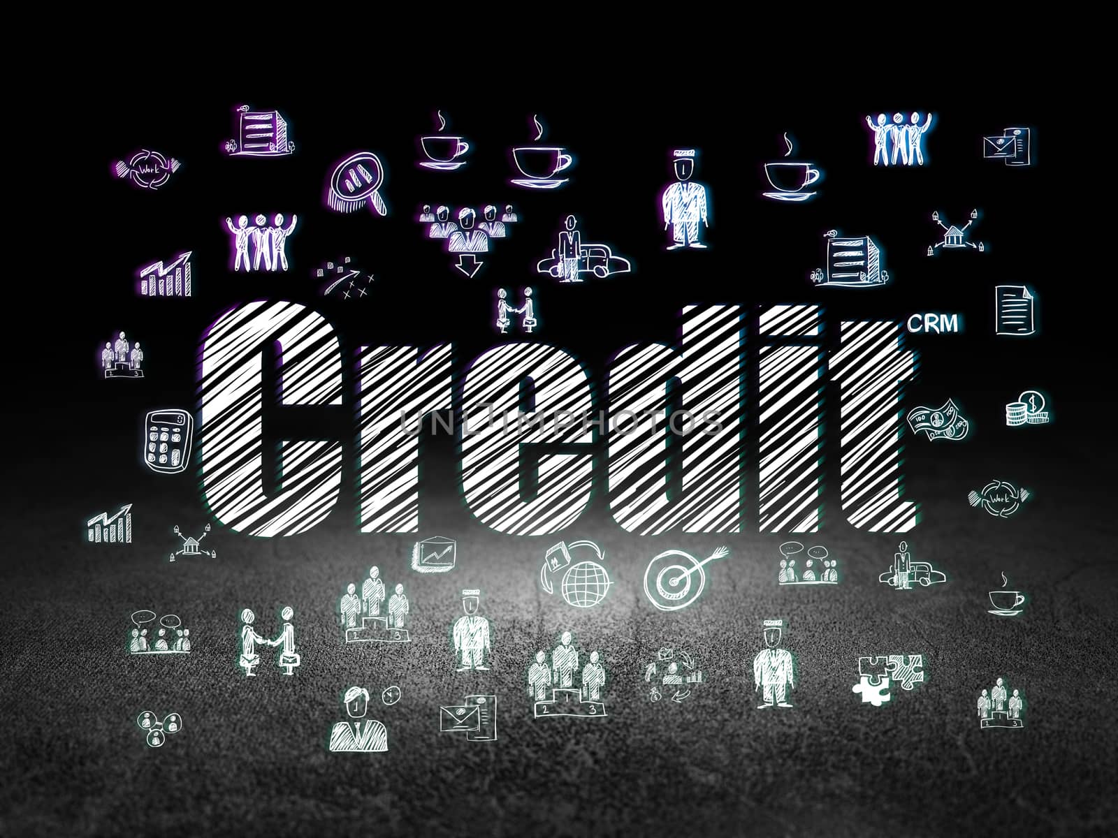 Finance concept: Glowing text Credit,  Hand Drawn Business Icons in grunge dark room with Dirty Floor, black background