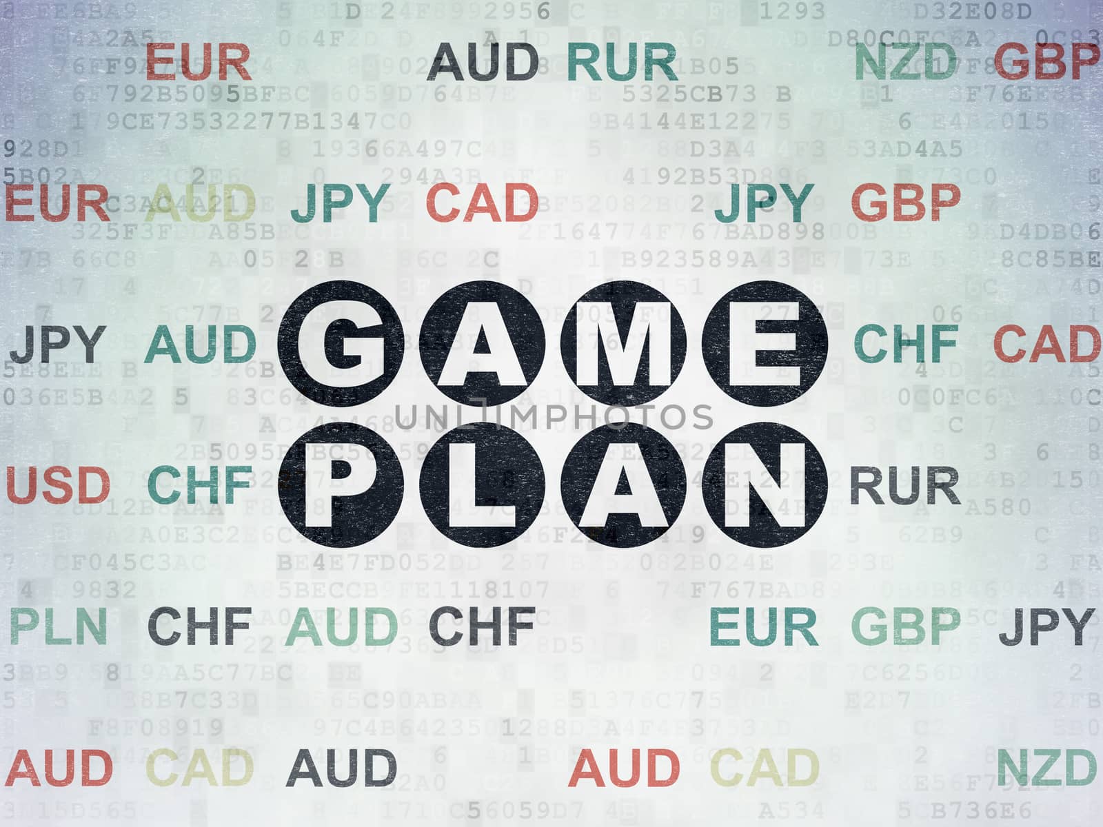 Finance concept: Painted black text Game Plan on Digital Data Paper background with Currency