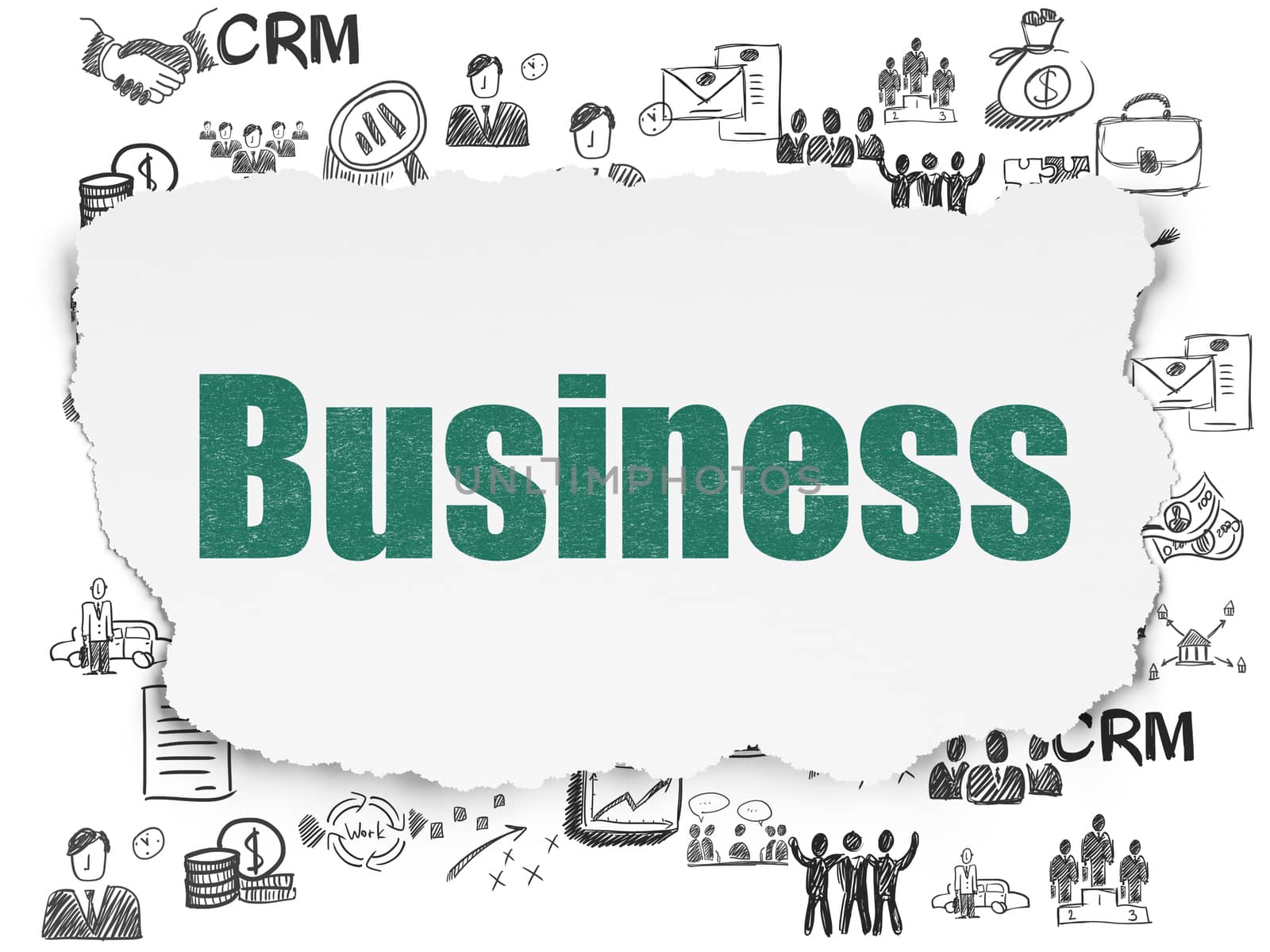 Finance concept: Painted green text Business on Torn Paper background with  Hand Drawn Business Icons