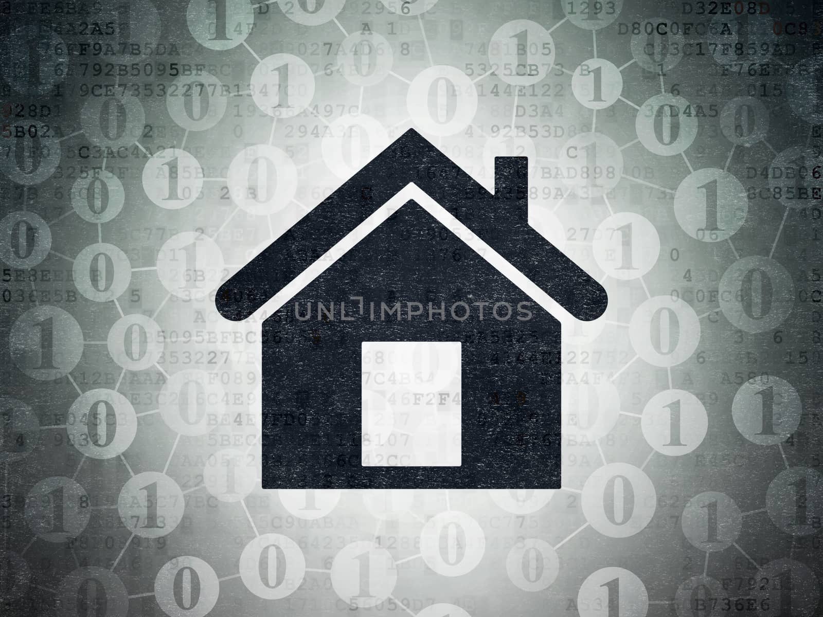 Finance concept: Painted black Home icon on Digital Data Paper background with Scheme Of Binary Code