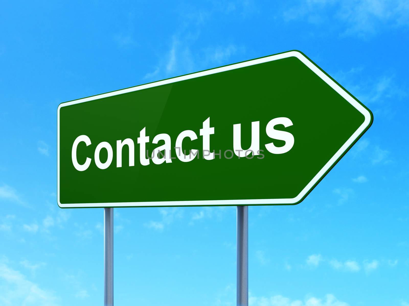 Business concept: Contact us on green road highway sign, clear blue sky background, 3D rendering