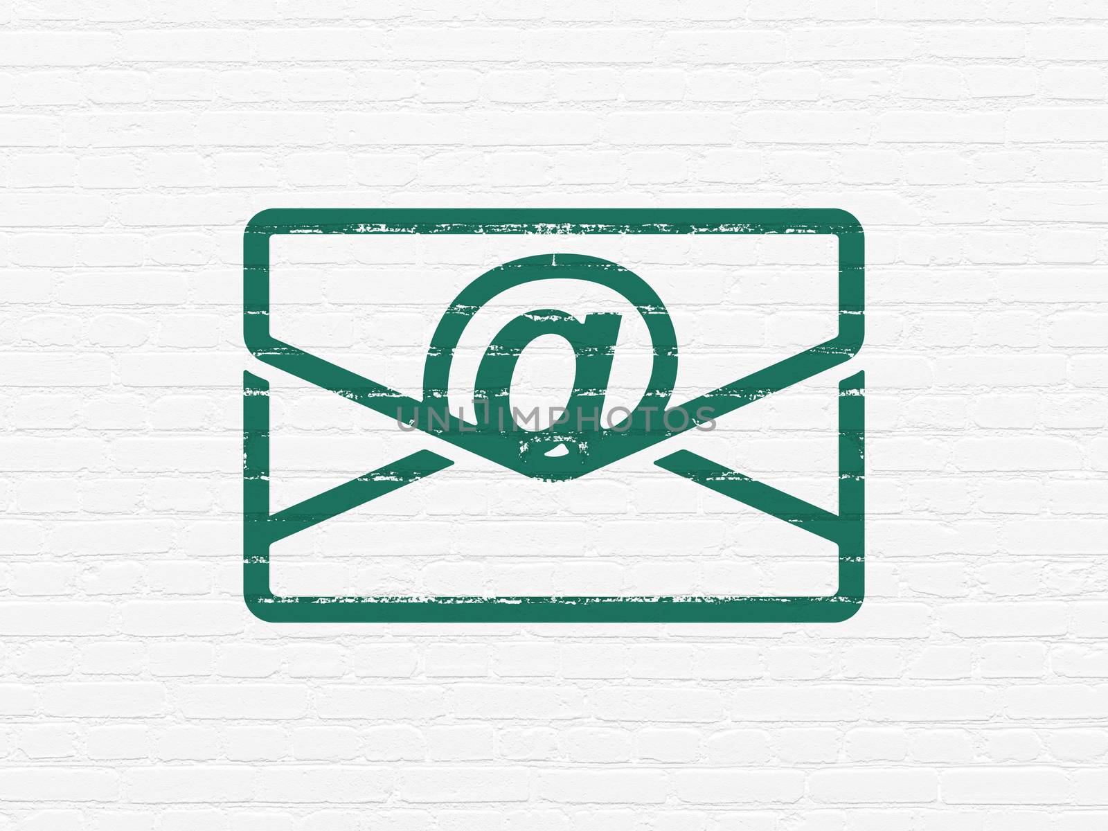 Business concept: Painted green Email icon on White Brick wall background