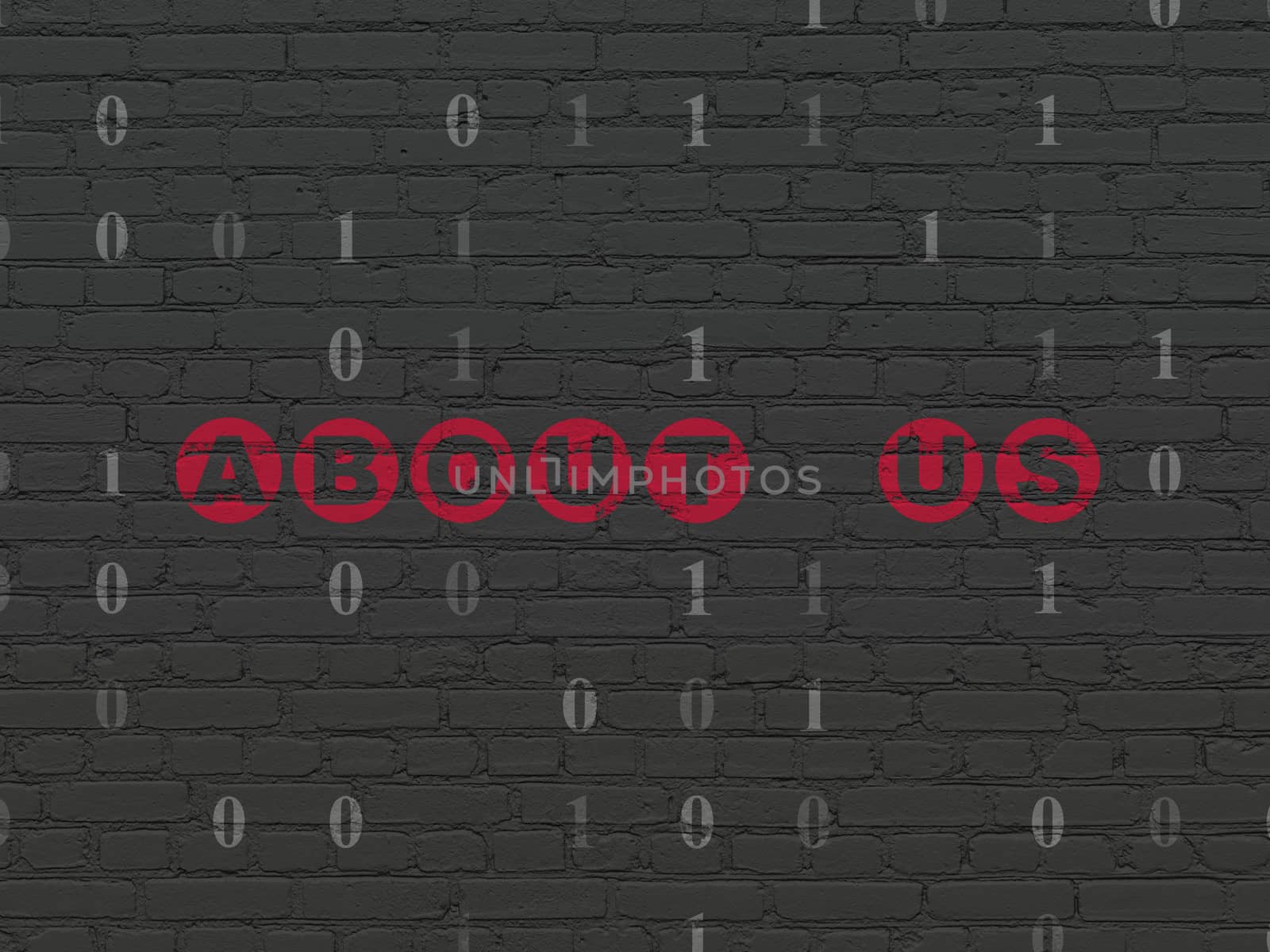 Finance concept: Painted red text About us on Black Brick wall background with Binary Code