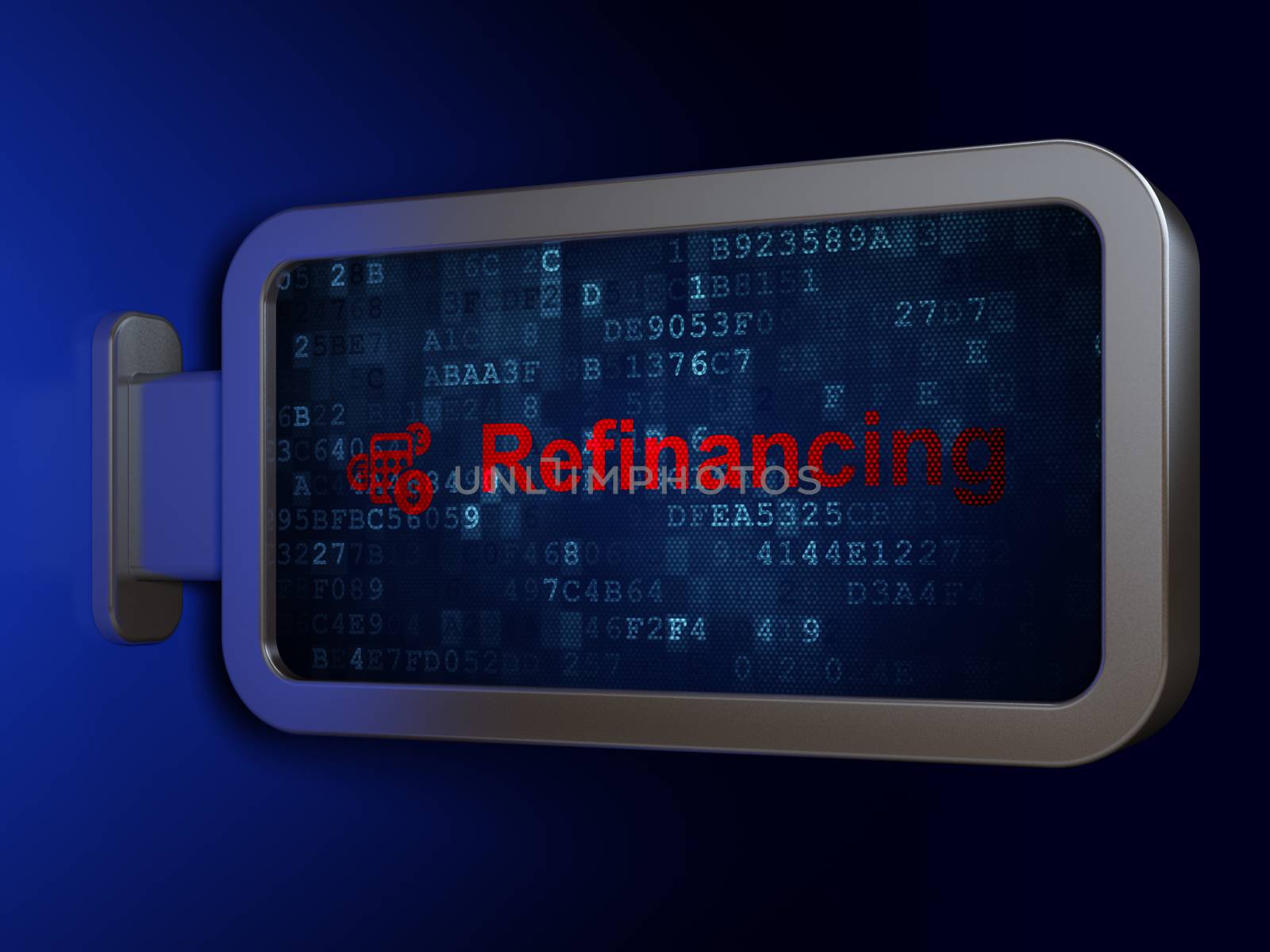 Finance concept: Refinancing and Calculator on advertising billboard background, 3D rendering