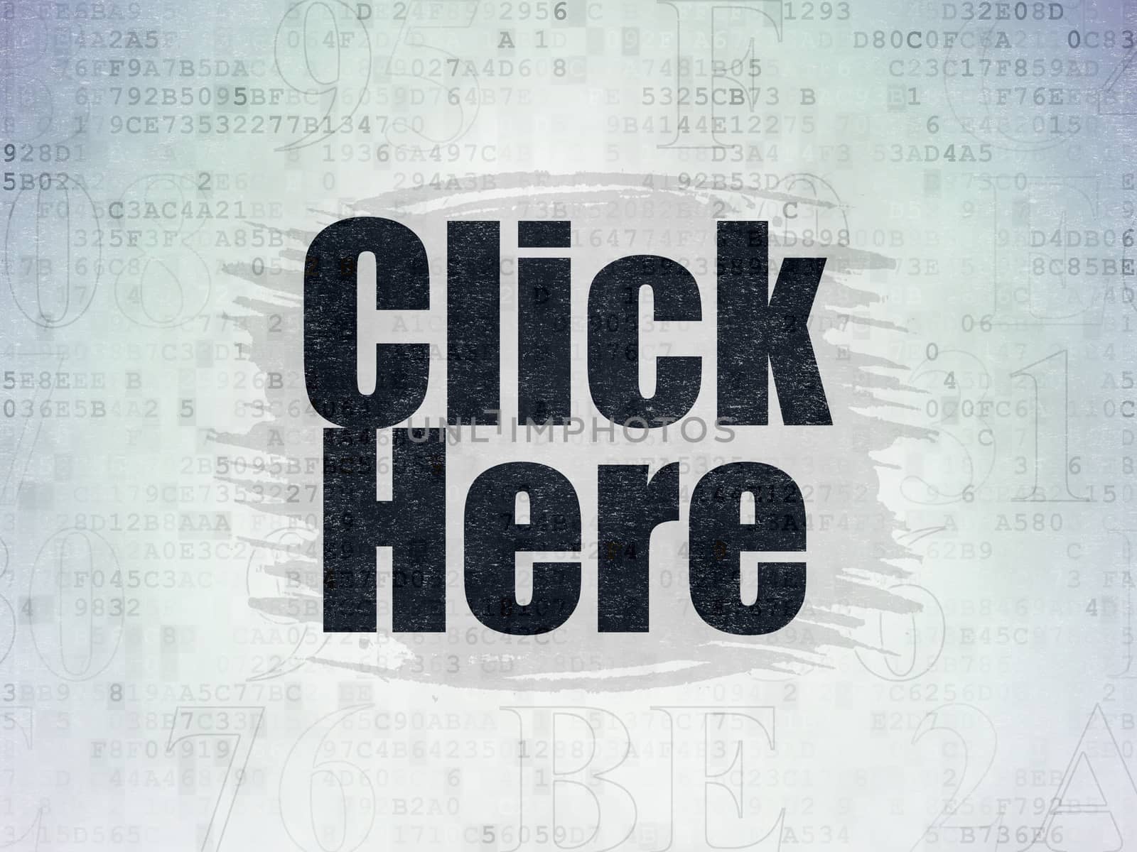 Web development concept: Painted black text Click Here on Digital Data Paper background with   Hexadecimal Code