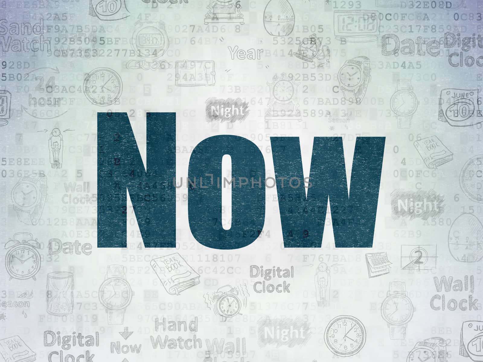 Time concept: Painted blue text Now on Digital Data Paper background with   Hand Drawing Time Icons