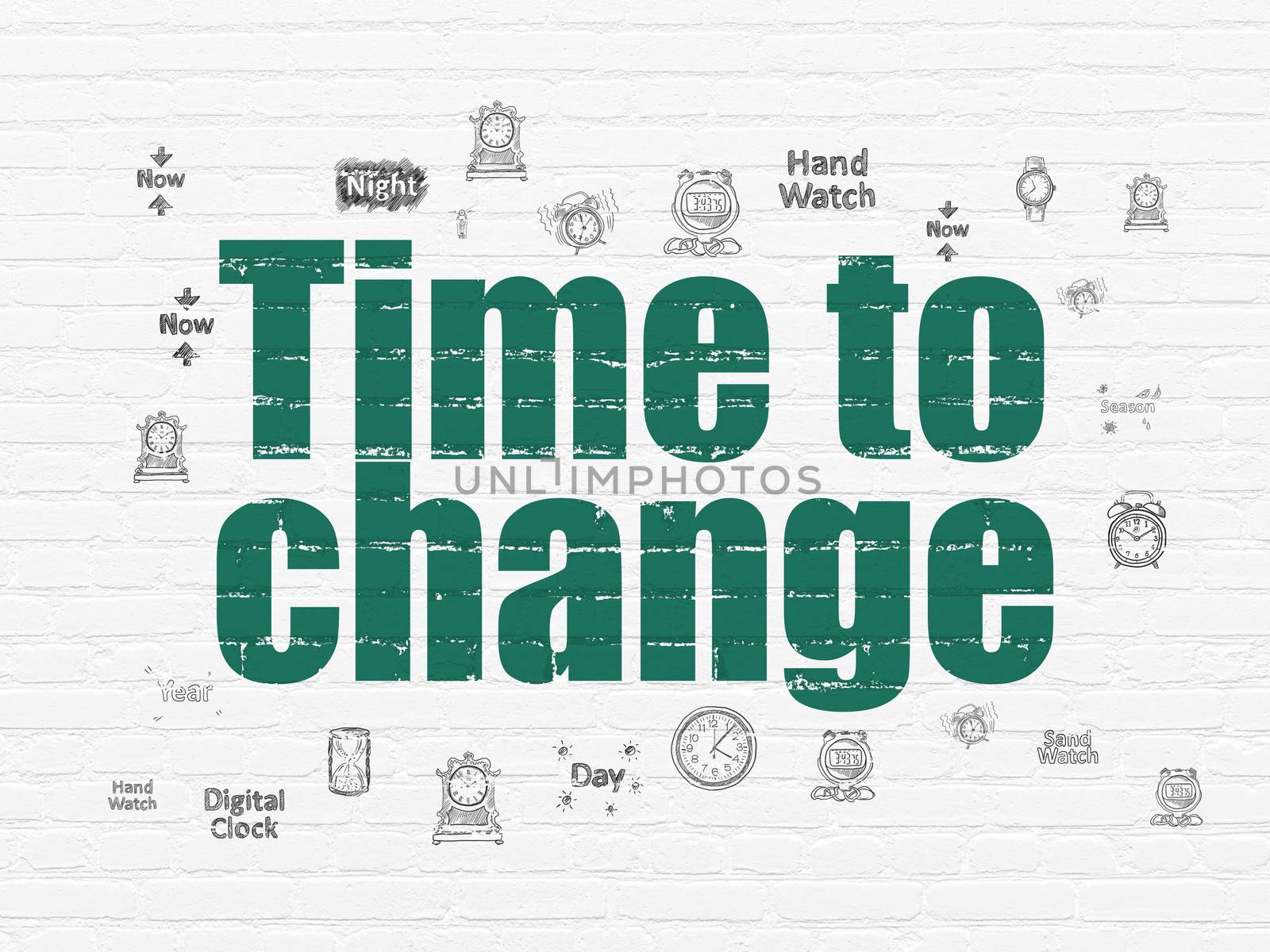 Time concept: Painted green text Time to Change on White Brick wall background with  Hand Drawing Time Icons