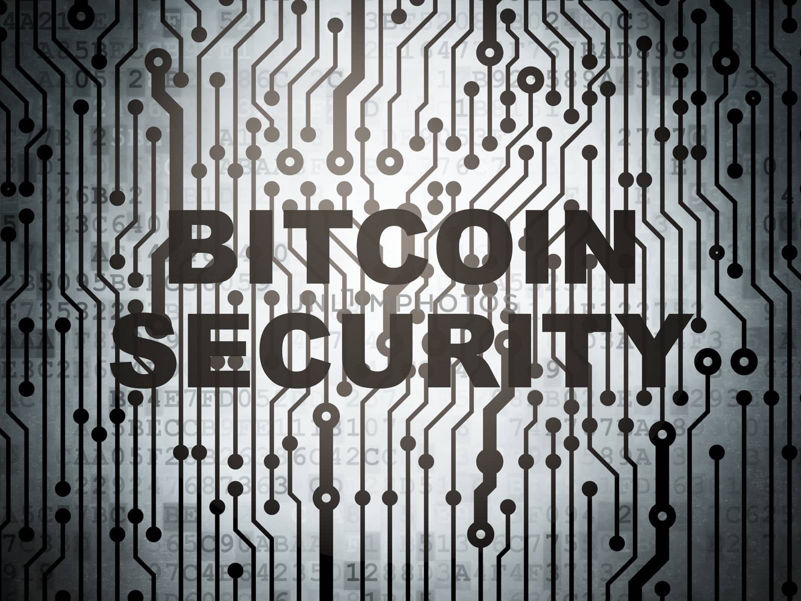 Cryptocurrency concept: circuit board with  word Bitcoin Security, 3D rendering