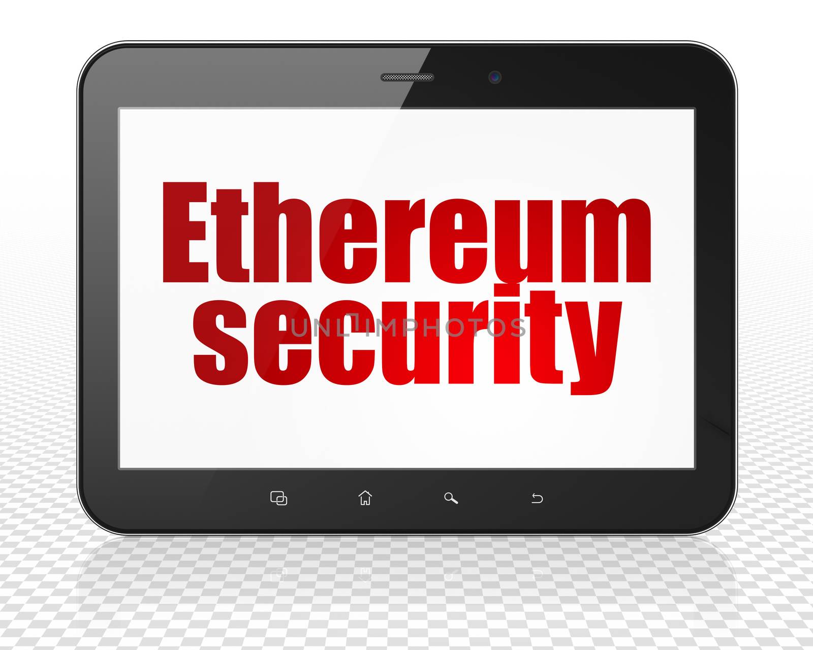 Blockchain concept: Tablet Pc Computer with red text Ethereum Security on display, 3D rendering