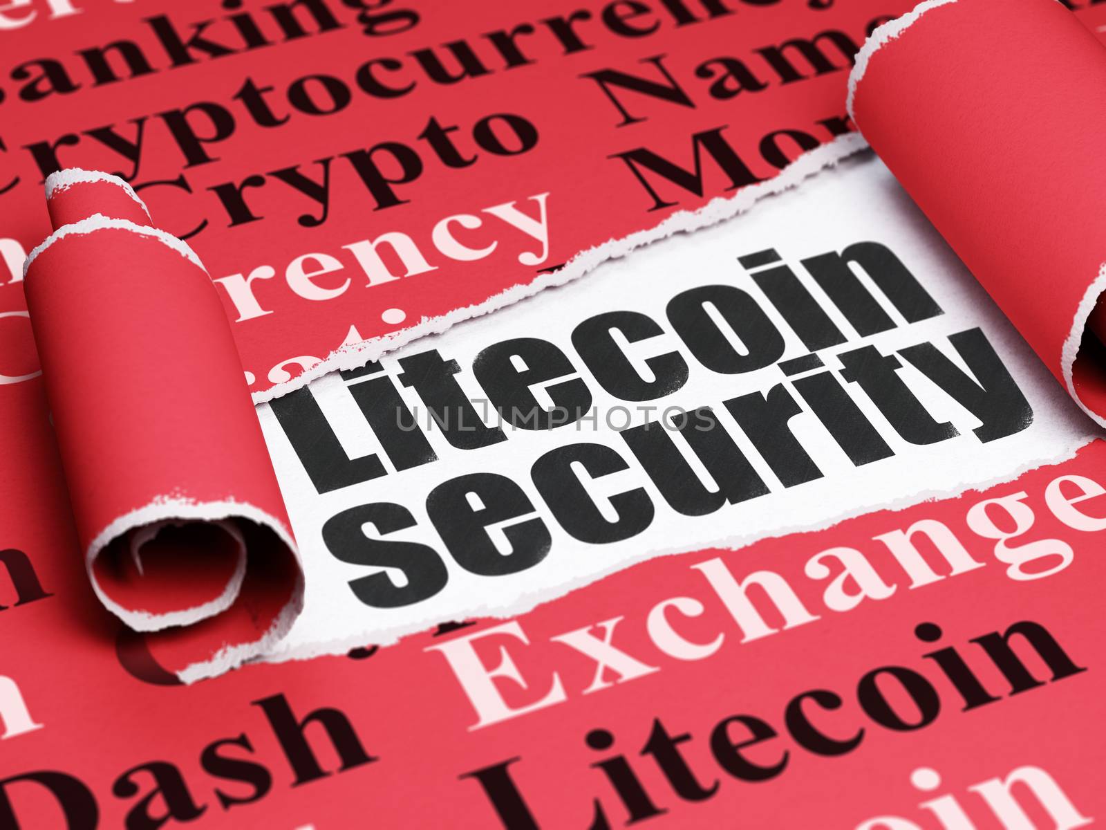 Blockchain concept: black text Litecoin Security under the curled piece of Red torn paper with  Tag Cloud, 3D rendering