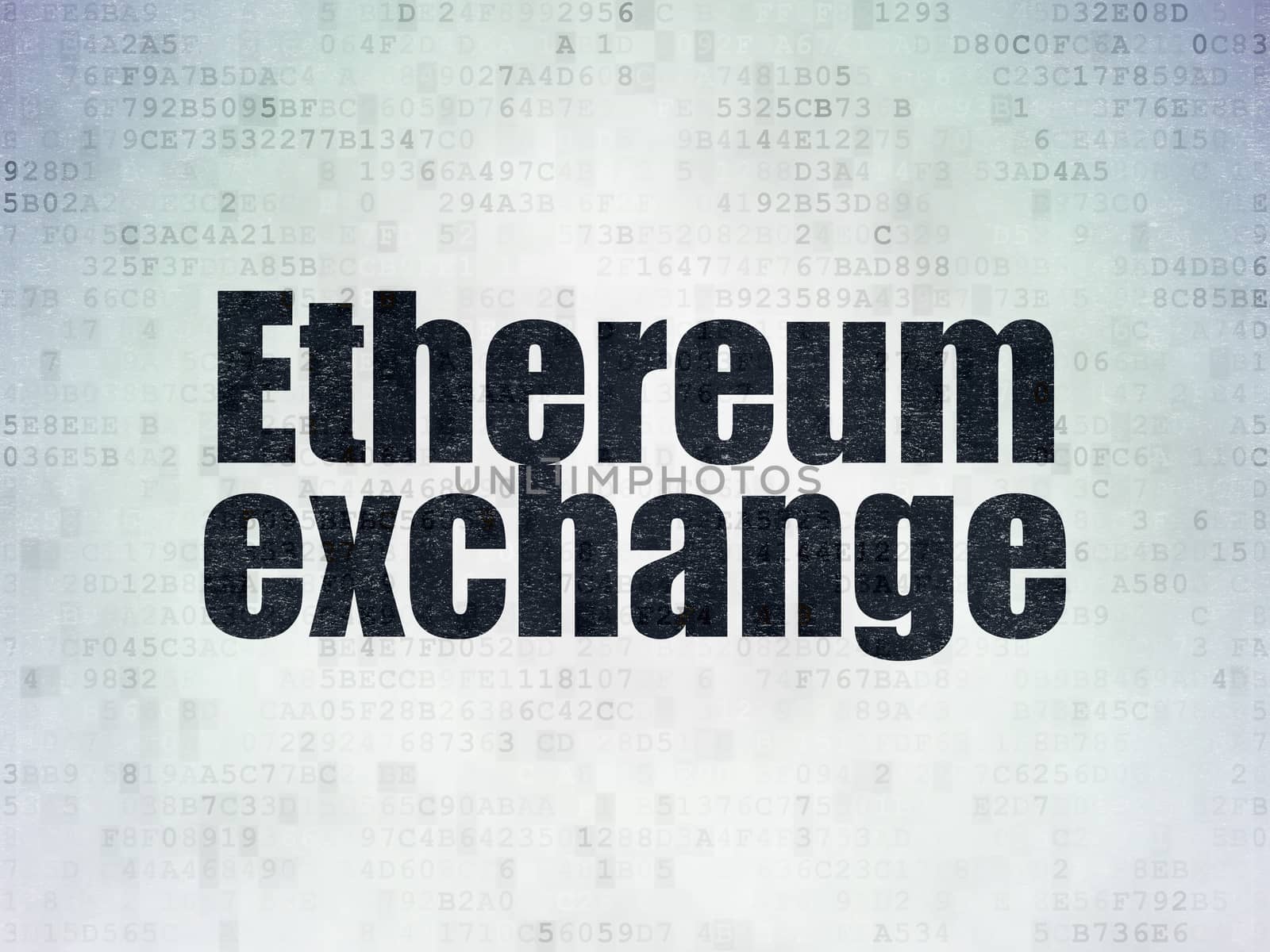 Cryptocurrency concept: Painted black word Ethereum Exchange on Digital Data Paper background