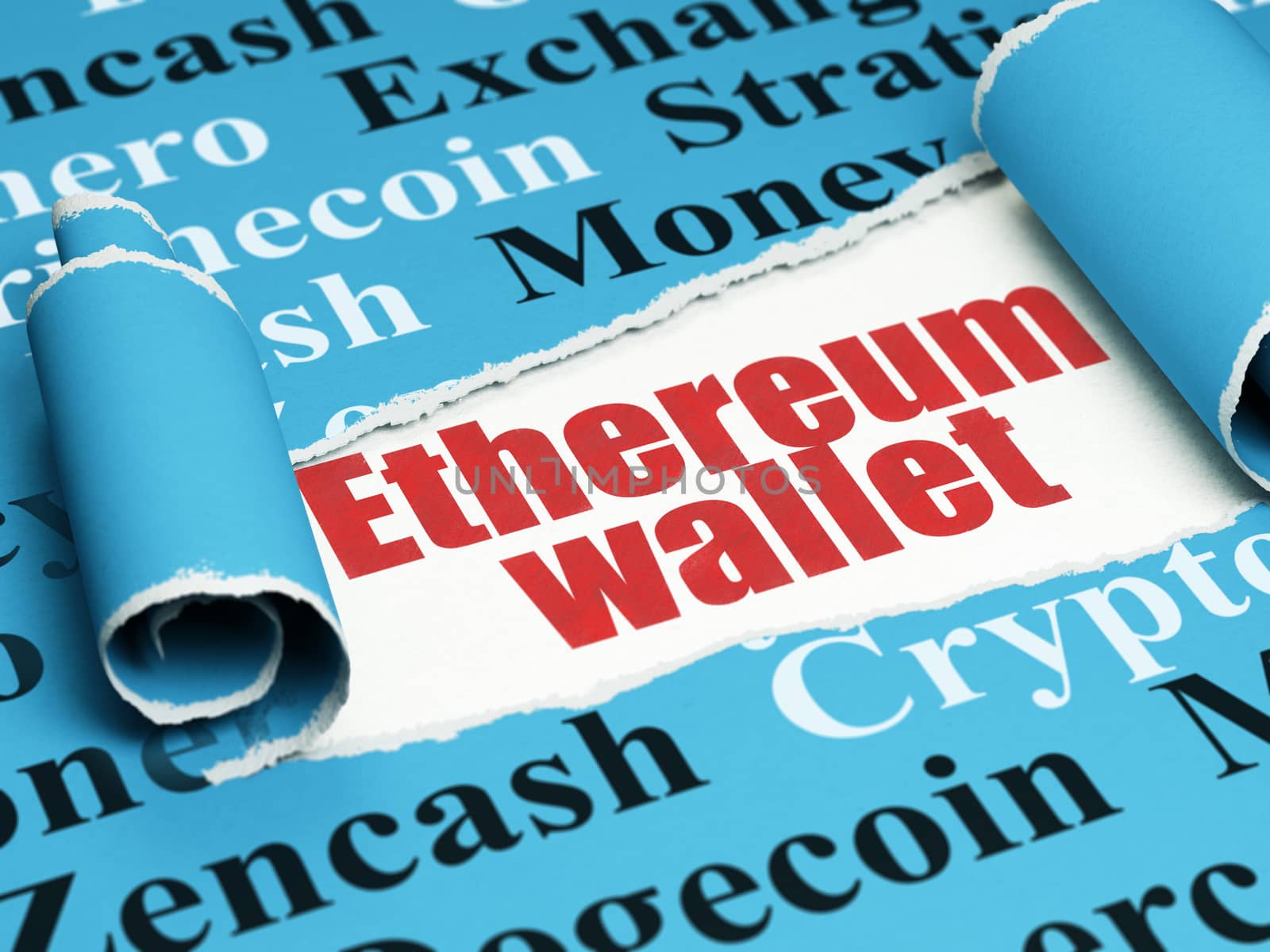 Cryptocurrency concept: red text Ethereum Wallet under the curled piece of Blue torn paper with  Tag Cloud, 3D rendering