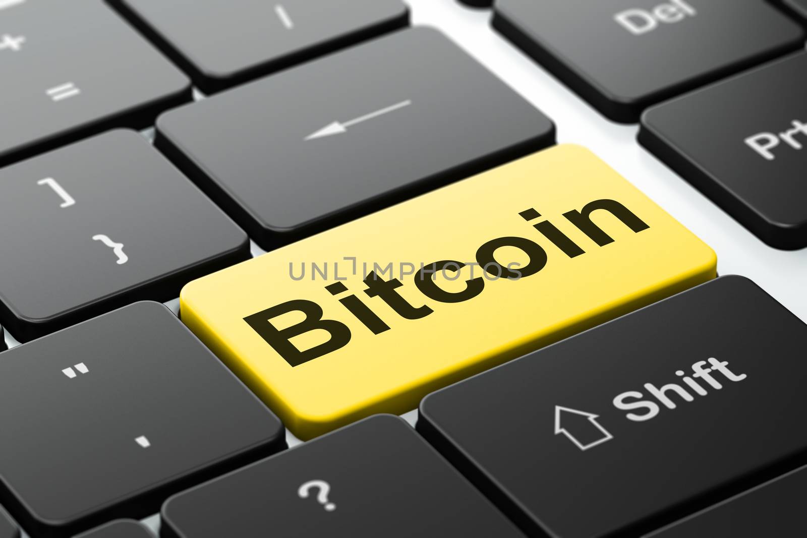 Blockchain concept: Bitcoin on computer keyboard background by maxkabakov