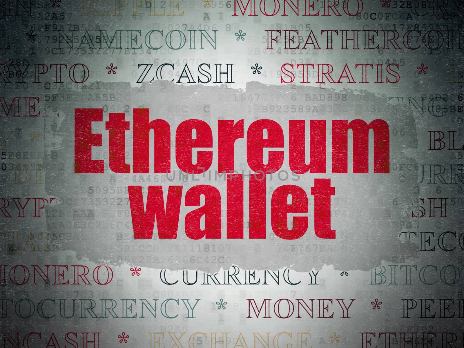 Blockchain concept: Painted red text Ethereum Wallet on Digital Data Paper background with   Tag Cloud
