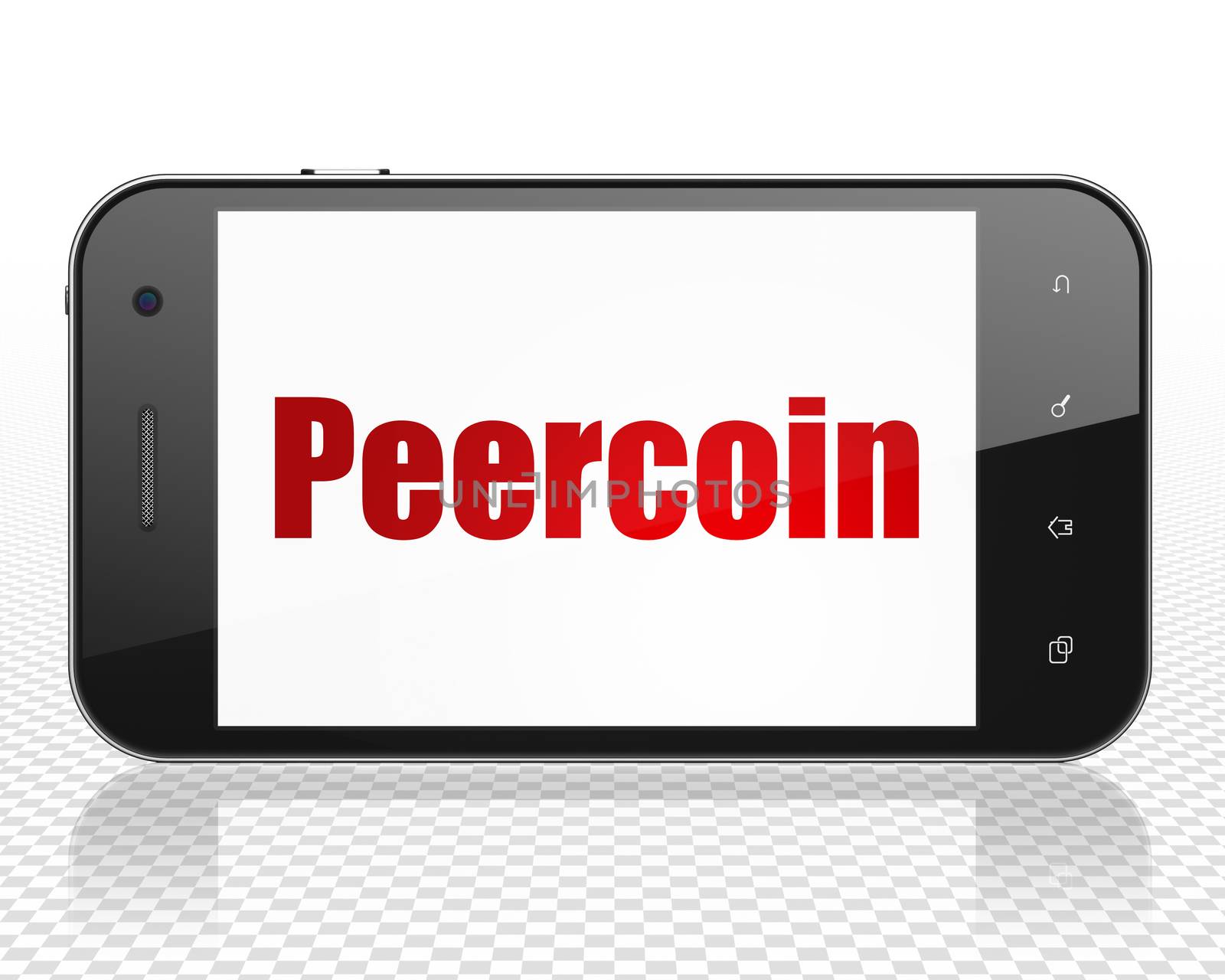 Cryptocurrency concept: Smartphone with red text Peercoin on display, 3D rendering