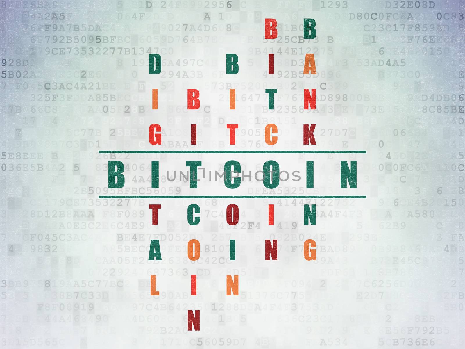 Blockchain concept: Painted green word Bitcoin in solving Crossword Puzzle on Digital Data Paper background