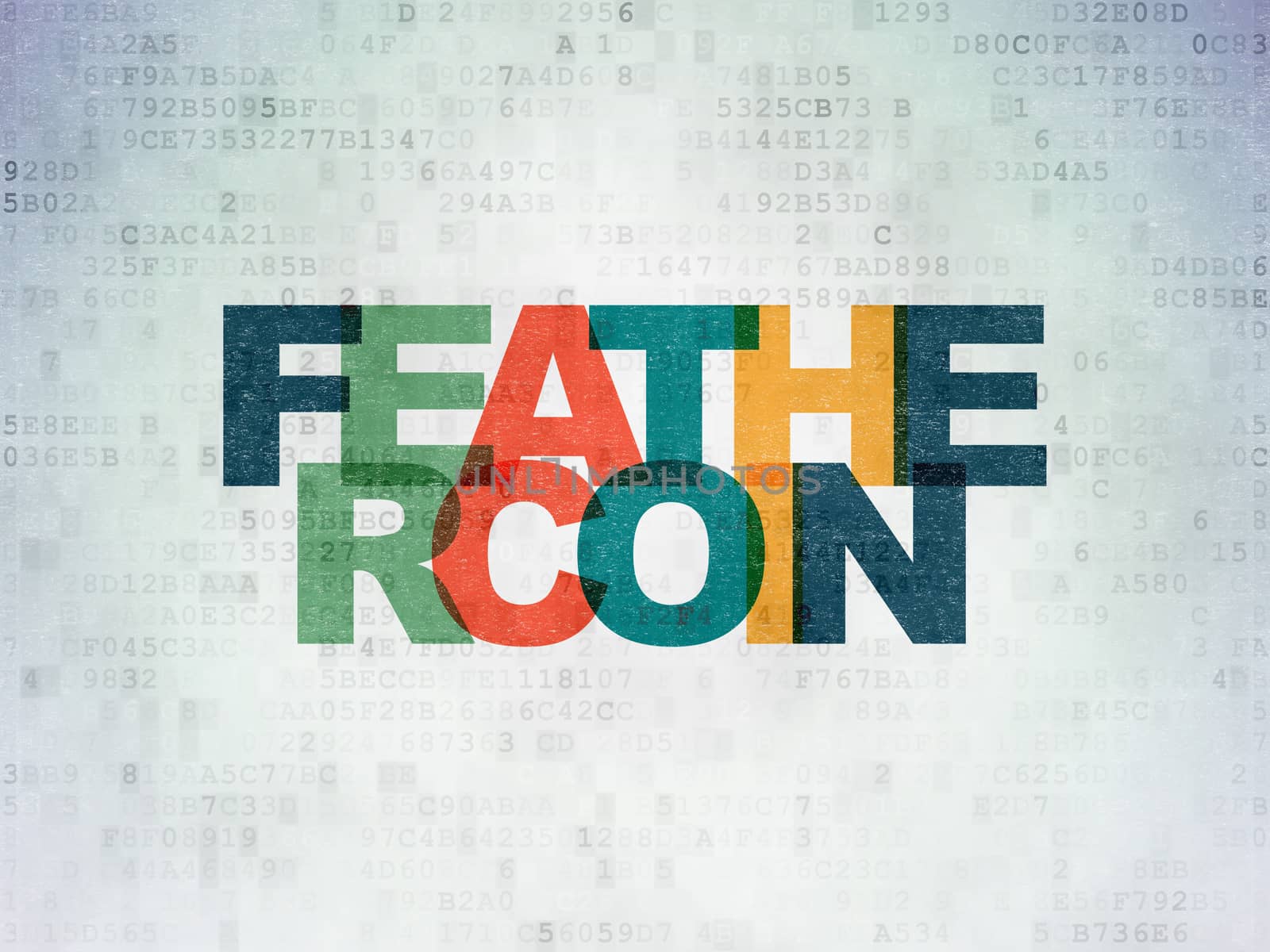 Blockchain concept: Painted multicolor text Feathercoin on Digital Data Paper background