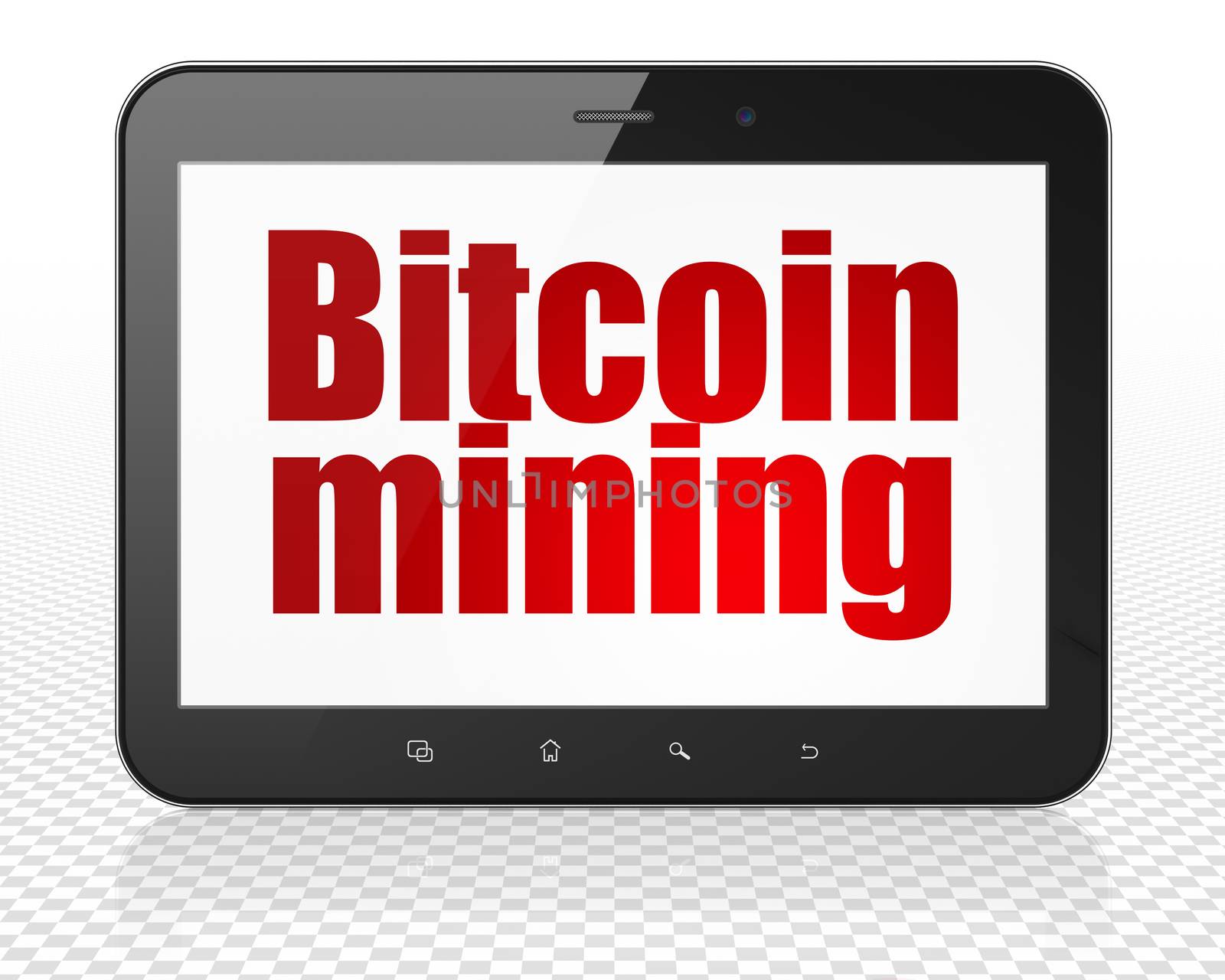 Blockchain concept: Tablet Pc Computer with red text Bitcoin Mining on display, 3D rendering