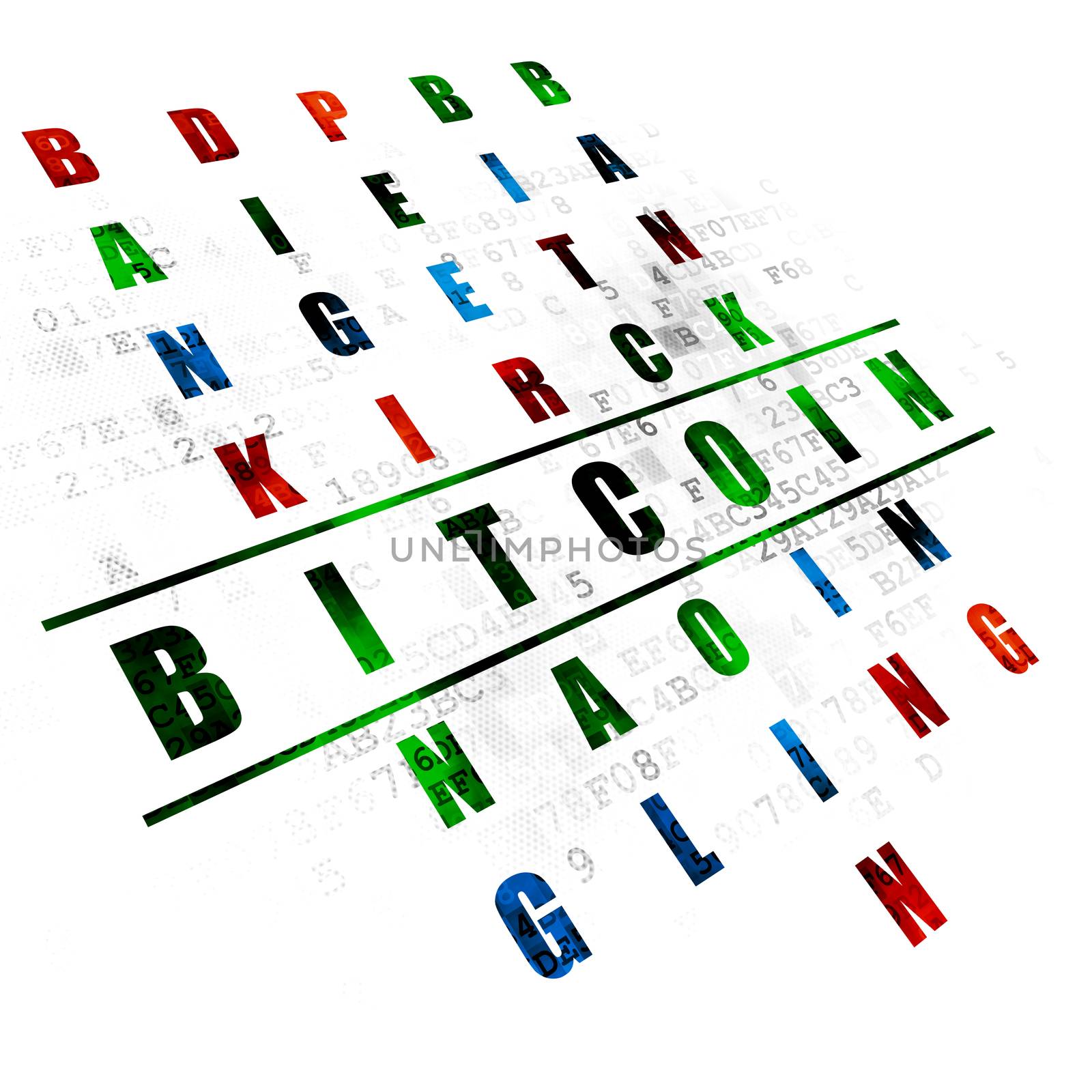 Blockchain concept: Pixelated green word Bitcoin in solving Crossword Puzzle on Digital background