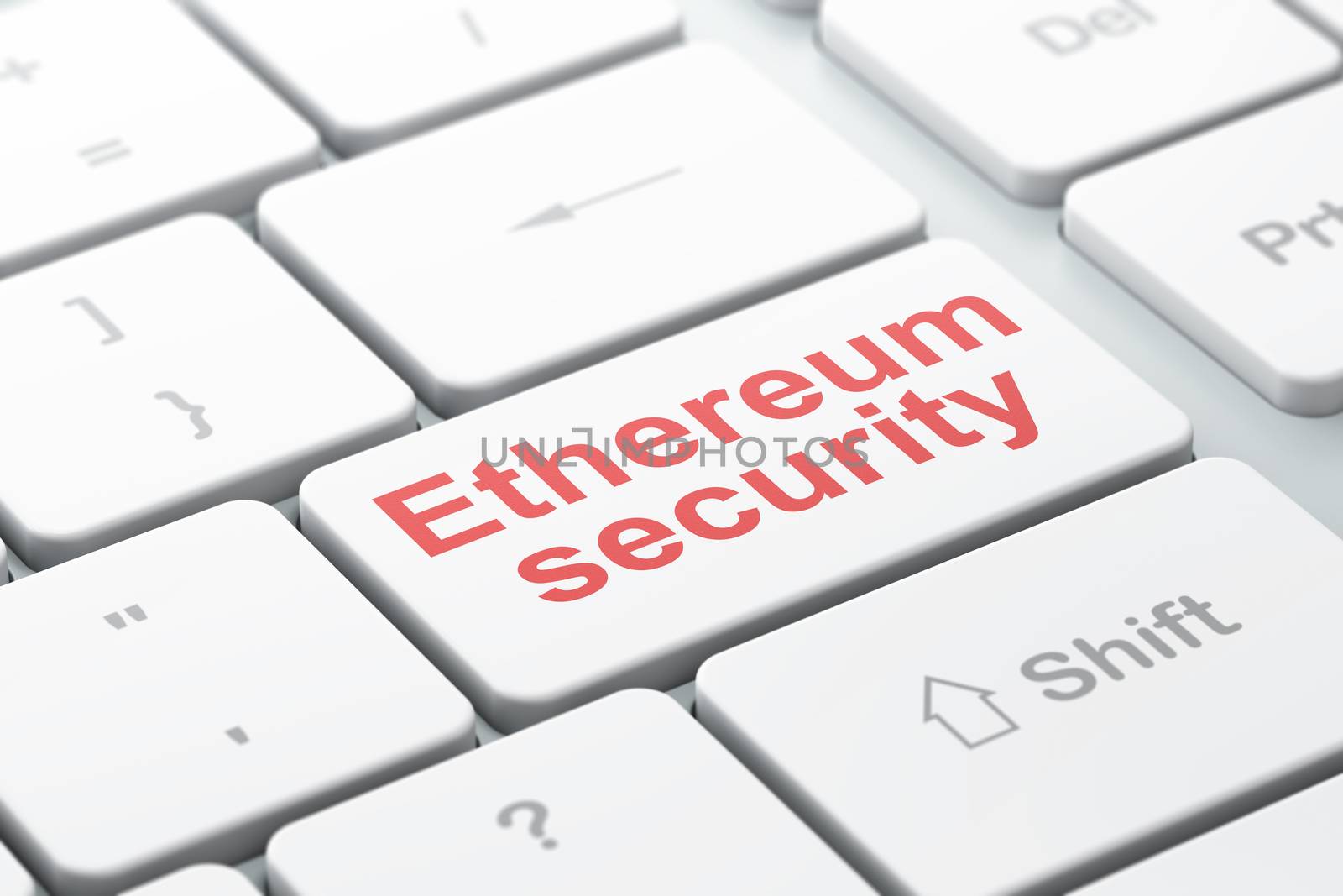 Cryptocurrency concept: computer keyboard with word Ethereum Security, selected focus on enter button background, 3D rendering