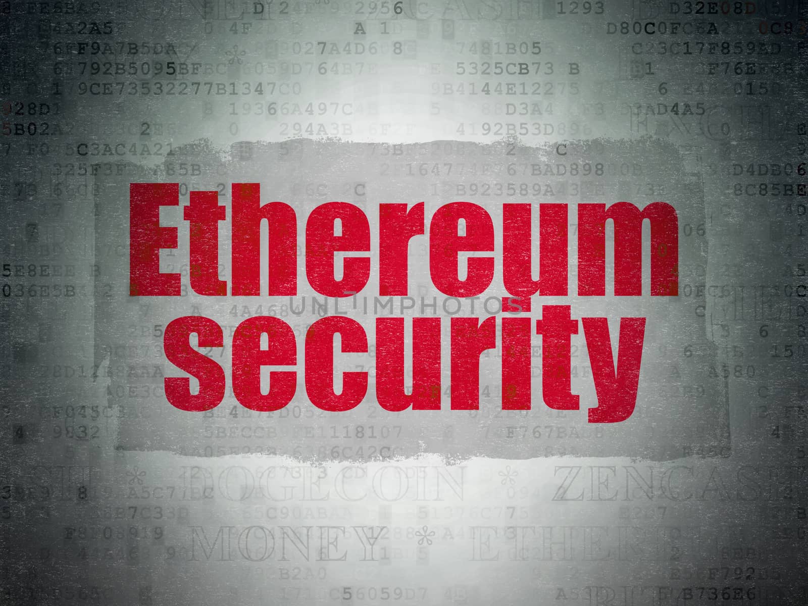 Cryptocurrency concept: Painted red text Ethereum Security on Digital Data Paper background with   Tag Cloud