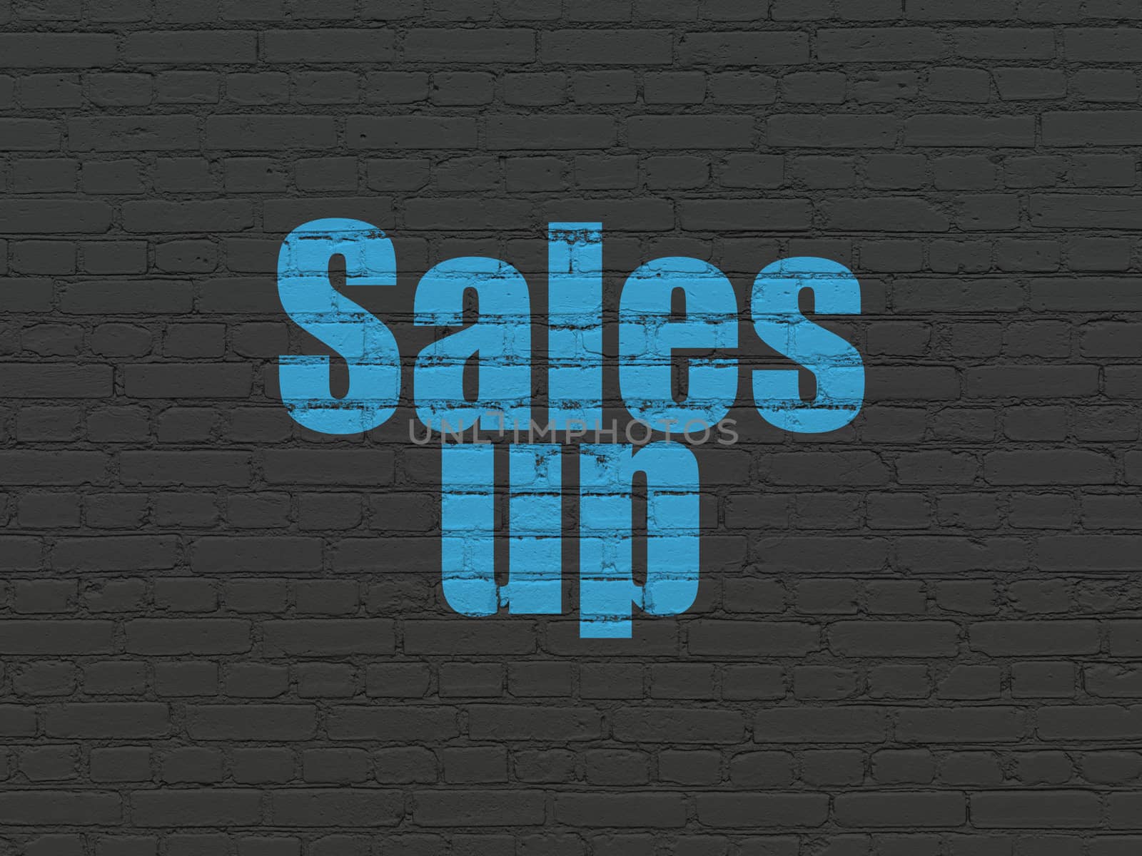 Marketing concept: Painted blue text Sales Up on Black Brick wall background
