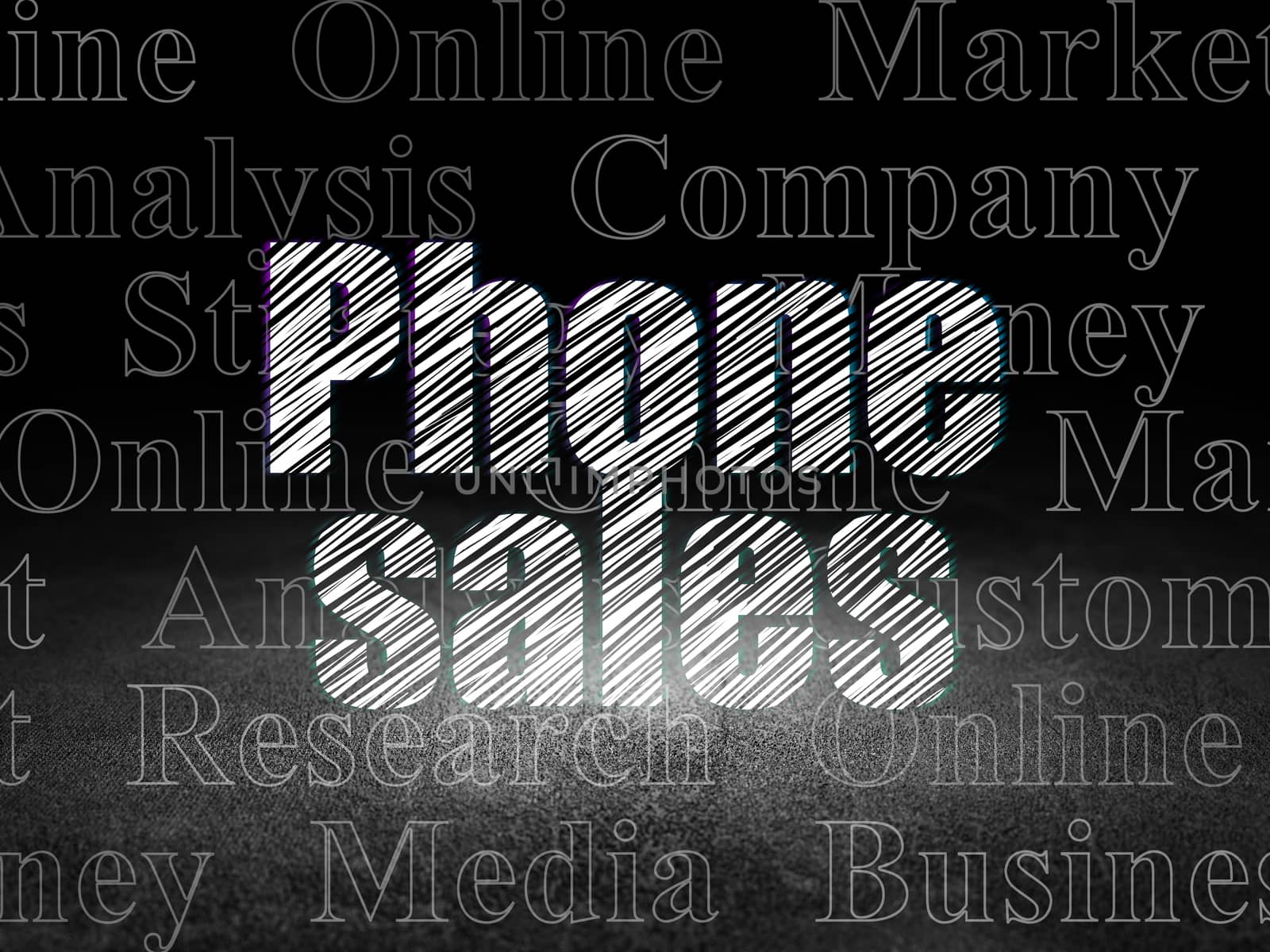 Marketing concept: Glowing text Phone Sales in grunge dark room with Dirty Floor, black background with  Tag Cloud
