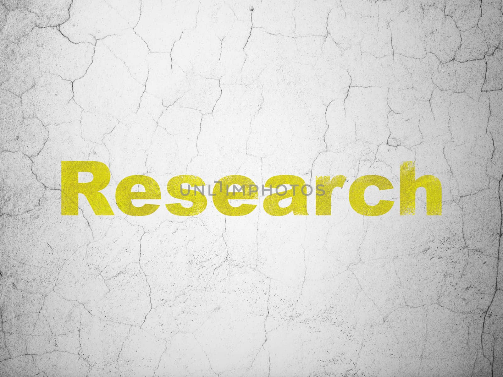 Advertising concept: Yellow Research on textured concrete wall background