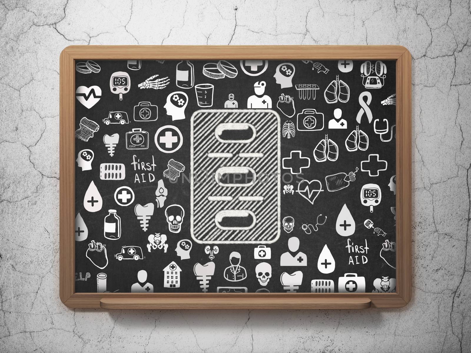 Medicine concept: Chalk White Pills Blister icon on School board background with  Hand Drawn Medicine Icons, 3D Rendering
