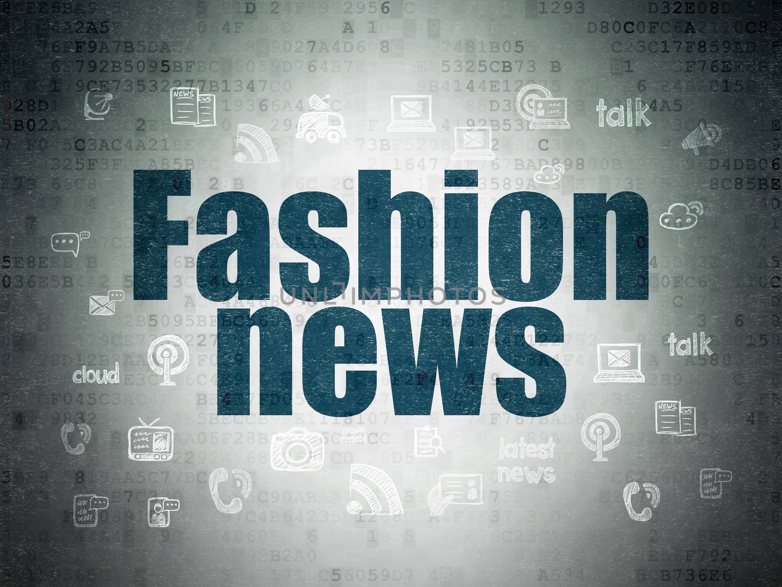 News concept: Painted blue text Fashion News on Digital Data Paper background with  Hand Drawn News Icons