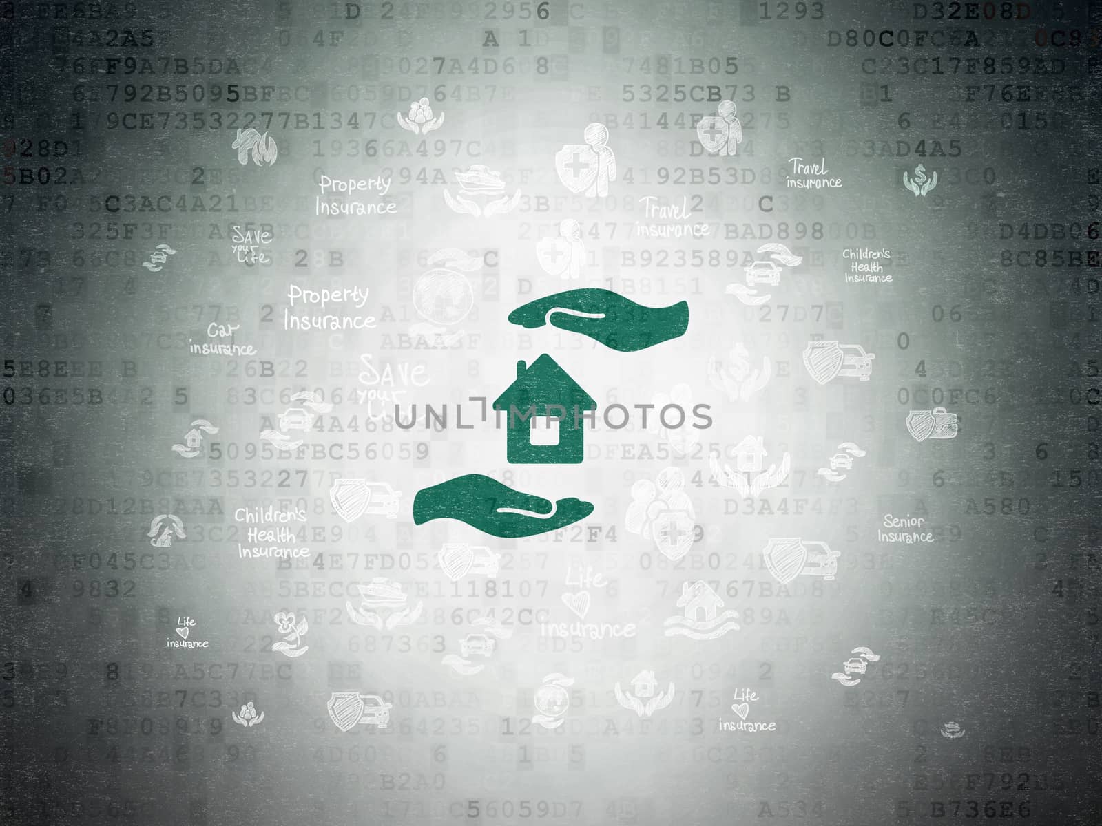 Insurance concept: Painted green House And Palm icon on Digital Data Paper background with  Hand Drawn Insurance Icons