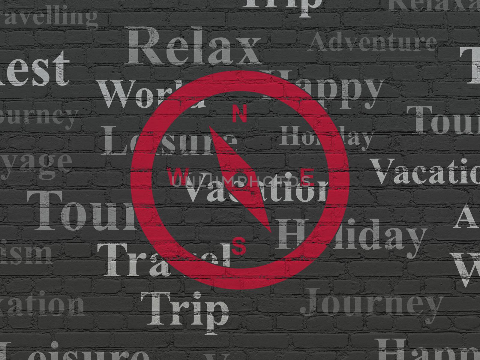 Tourism concept: Painted red Compass icon on Black Brick wall background with  Tag Cloud