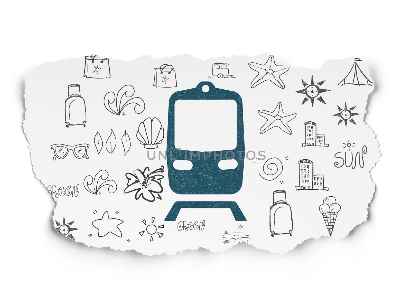 Tourism concept: Painted blue Train icon on Torn Paper background with  Hand Drawn Vacation Icons