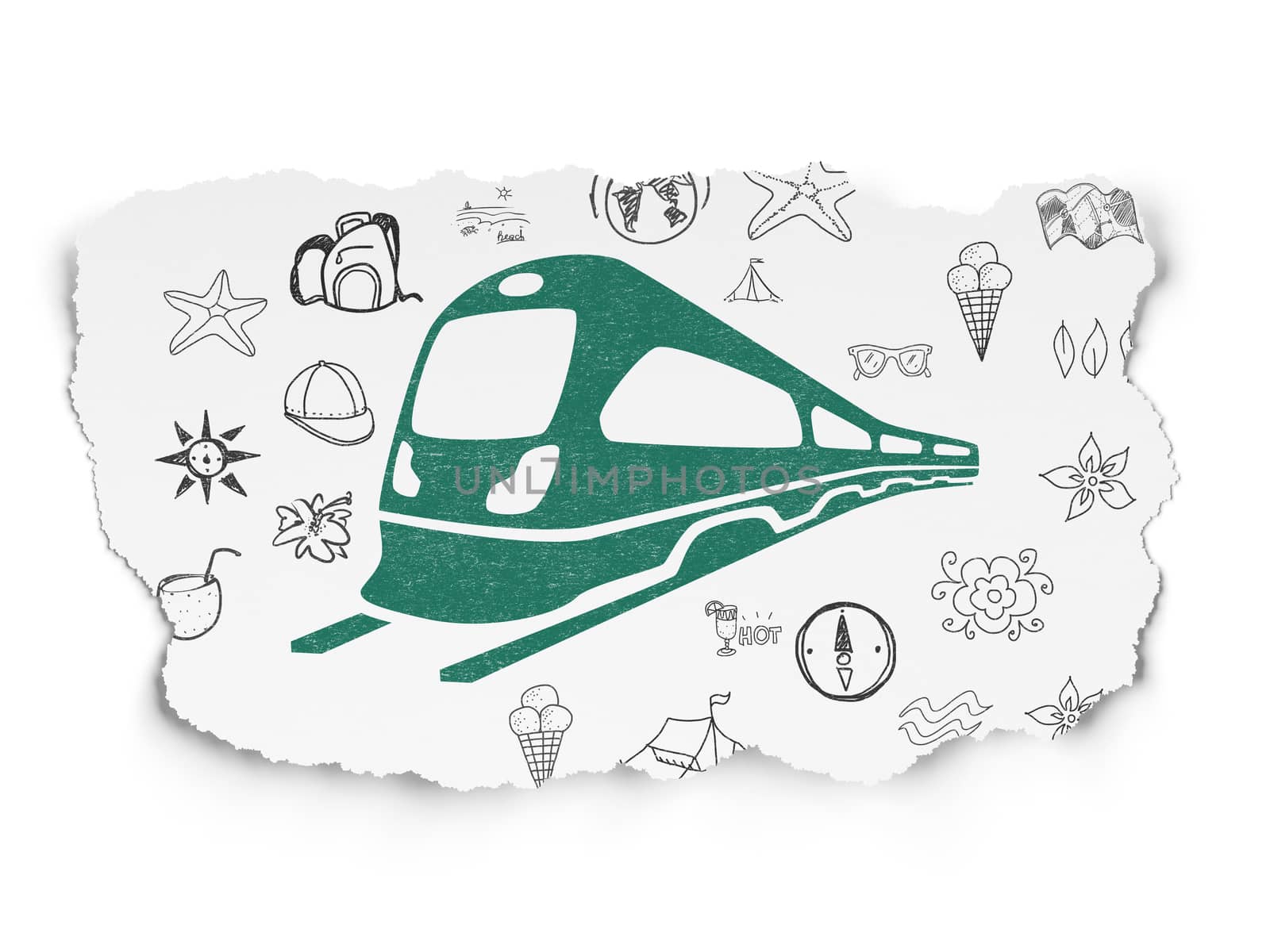 Vacation concept: Painted green Train icon on Torn Paper background with  Hand Drawn Vacation Icons