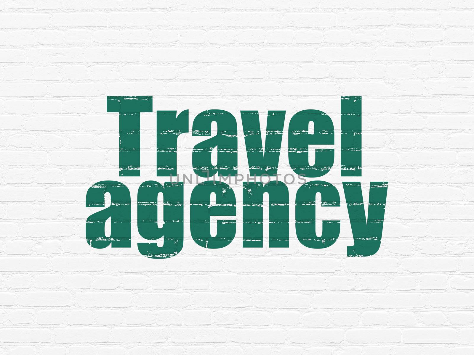 Travel concept: Painted green text Travel Agency on White Brick wall background