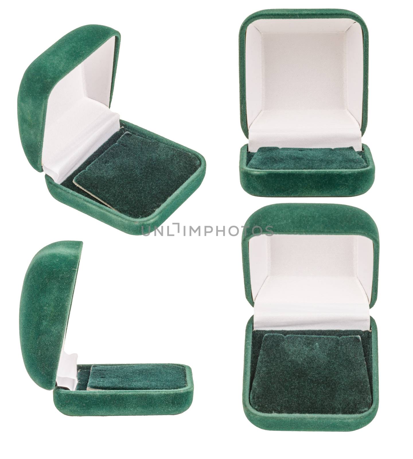 Set of Empty Green Velvet Opened Gift Jewelry Boxes. Isolated on White Background
